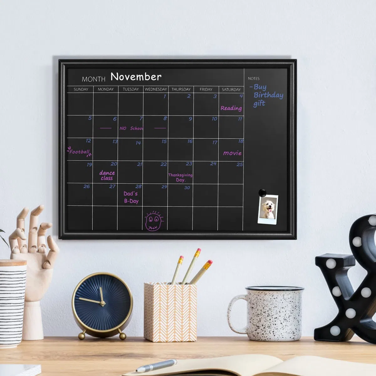 Okydody YLHB-BK-3040 - Panel calendario mensual 30x40 cm, marco negro, pizarra magnética (YLHB-BK-3040).DE