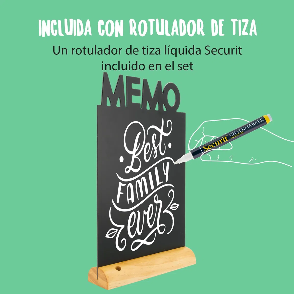 SECURIT - Pizarra de Mesa Memo + Rotulador Blanco - Pizarra Portamenús Doble Cara - Base de Madera Lacada - Café, Bar, Restaurante - 34,5 x 21 x 6 cm - Color Natural/Negro