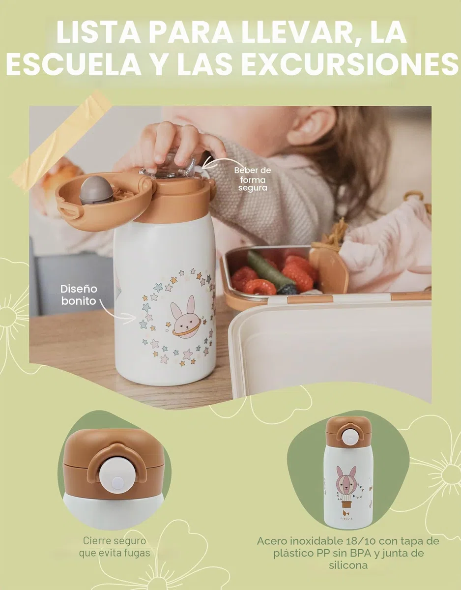 Fabelab Botella Niños 320 ml | Motivo Astronauta | Acero Inox Sin BPA | Escuela Sin Fugas | Botella de Agua
