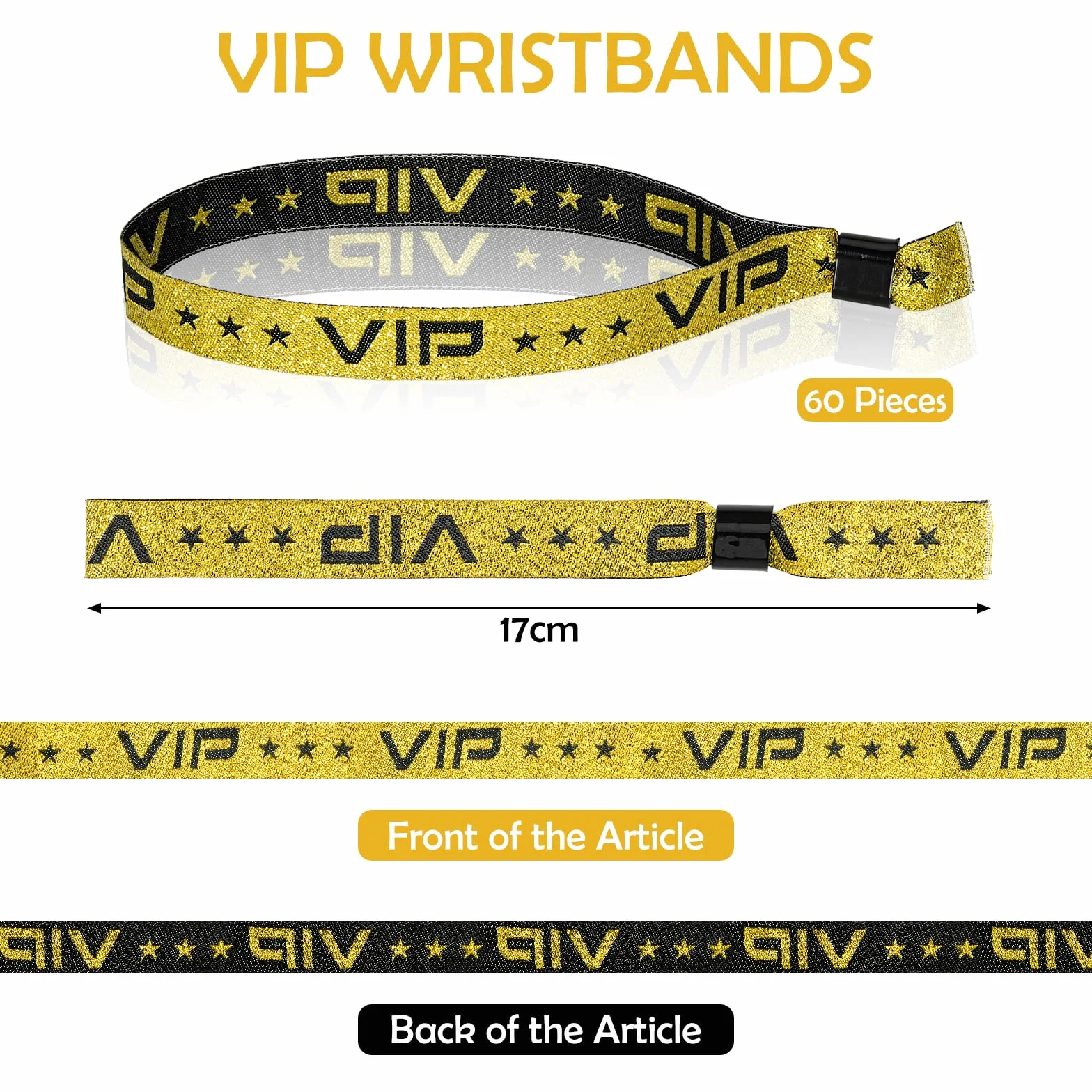JIANTA 60 VIP Pulsera Tela Admisión, Personalizadas Fiesta Cintas Identificativas de Oro Negro para Conciertos, Exposición, Eventos, Club