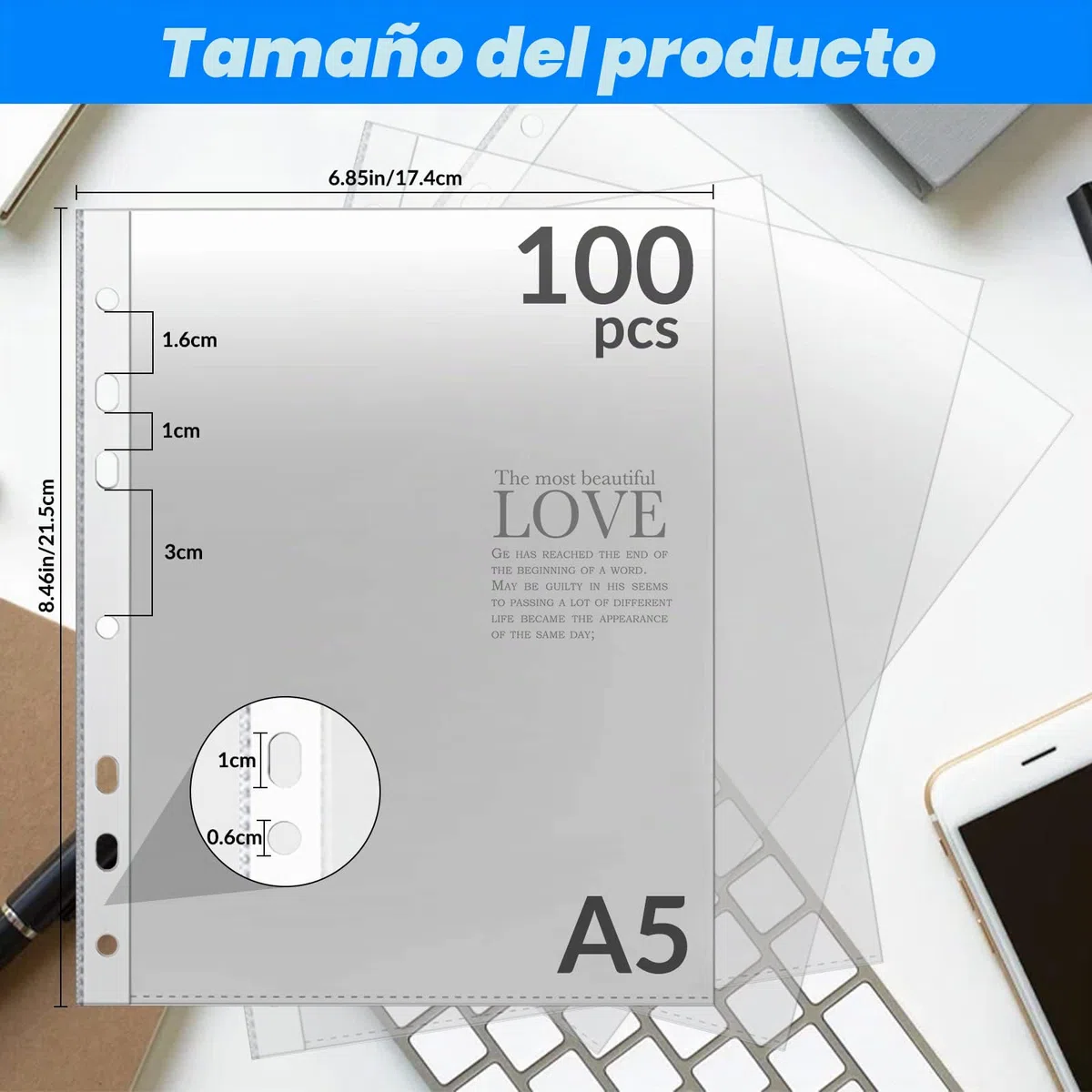 Fundas Plástico A5 Transparente Perforada, 100 Unidades, Multitaladro, 120 µ Para Folios, Proteger Papel, Archivos y Documentos
