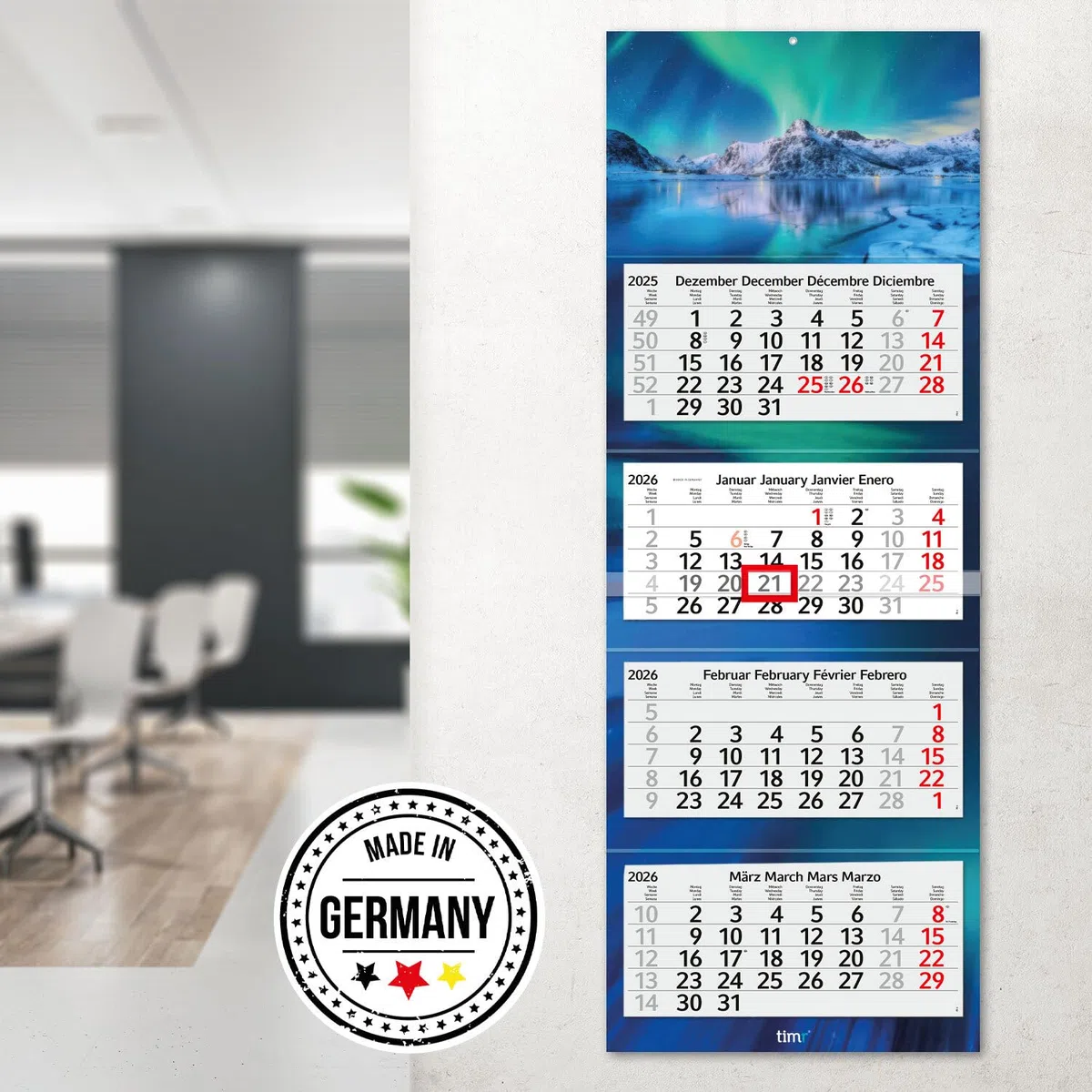 Timr Calendario de pared 4 meses 2026 - Calendario 4 meses con deslizador - 90 cm Calendario de cuatro meses multilingüe D/GB/F/ES I Motivo Auroras boreales I tr318