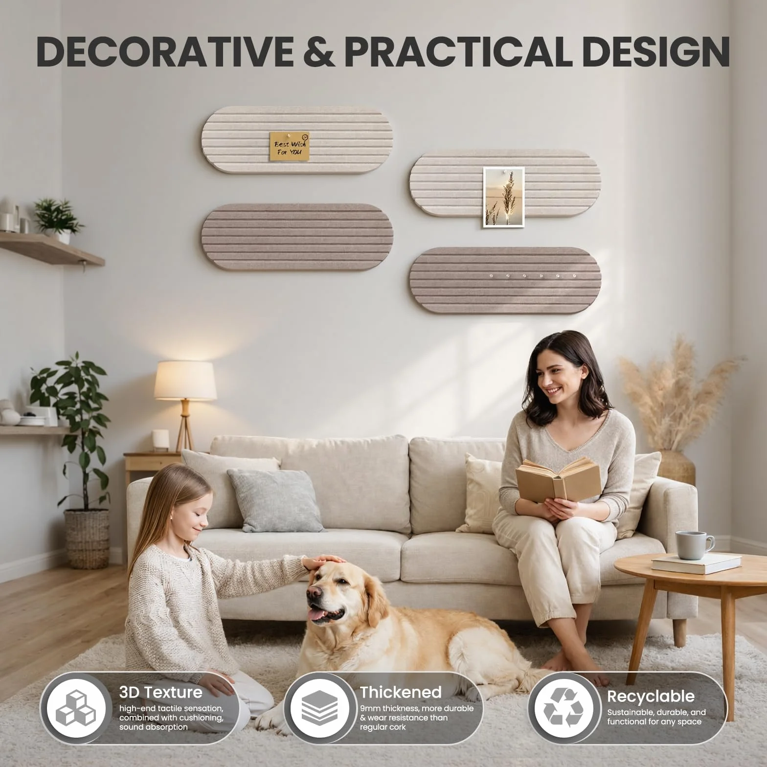Tablón de anuncios autoadhesivo de fieltro, 4 unidades, 60 x 20 cm, tablón decorativo de fieltro, para habitación infantil, oficina, cocina, color beige
