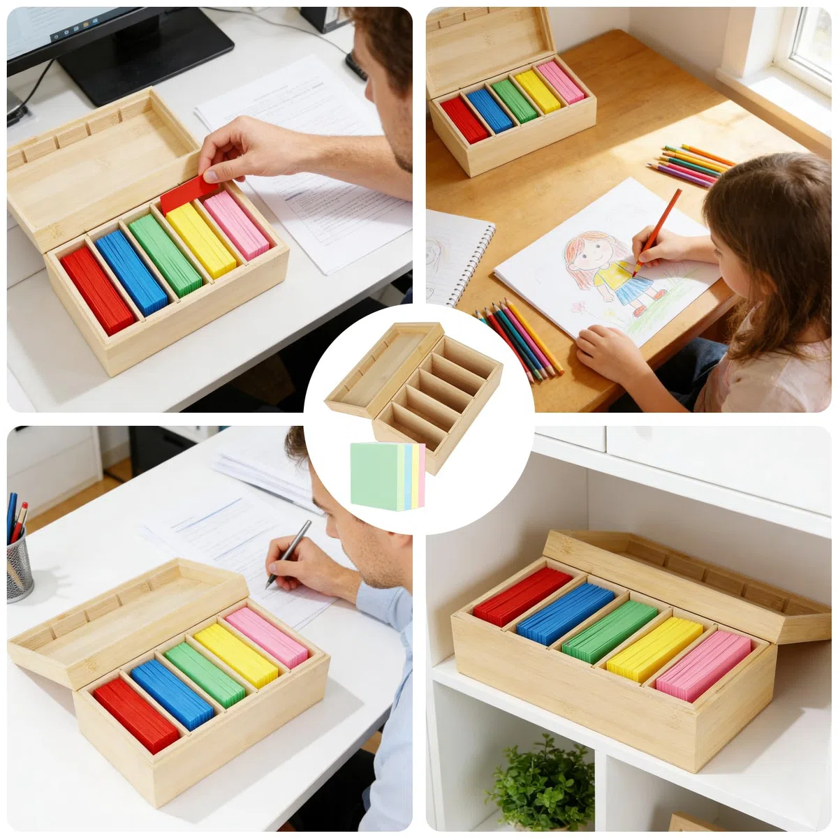 A7 Caja para Tarjetas Maderas, 22x12,6x9cm Caja Vocabulario Maderas con Tapa Organizador de Tarjeta con 4 Tabiques Ajustables Box de Tarjeta Aprendizaje para Oficina, Escuela (Tarjetas no Incluida)