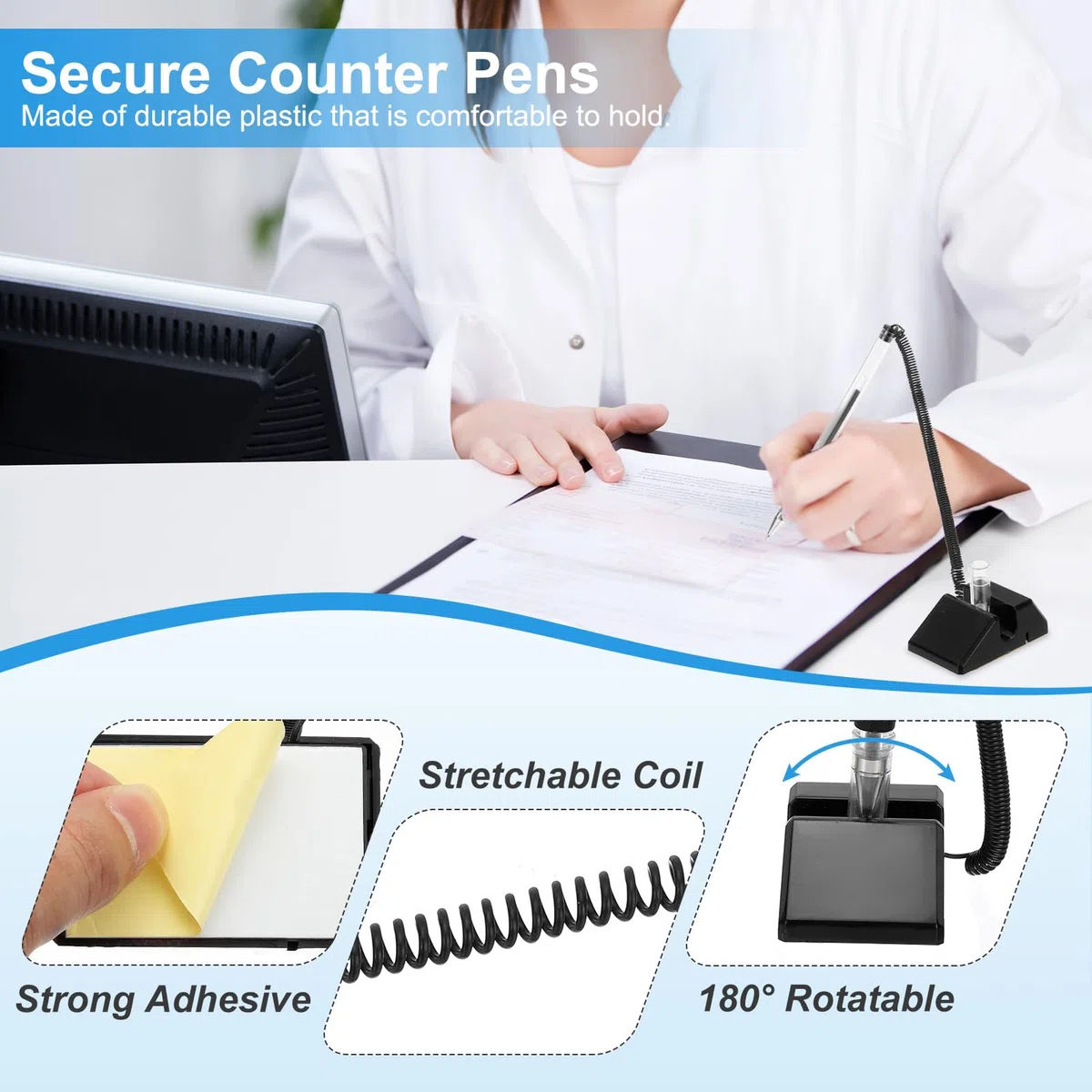 PATIKIL 12 Pcs Bolígrafo Seguro Con Cadena Adhesiva Y Soporte Para Bolígrafo De Seguridad, Bolígrafos Para Mostrador De Recepción Escritorio Recambios De Tinta Negra, Negro