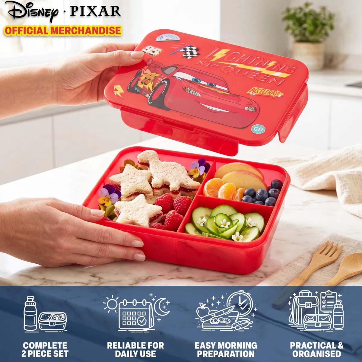 Get Trend Disney Cars Fiambrera Niños y Botella 640 ml Set, Bento Box 1,75 L con Compartimentos, Apta Lavavajillas y Microondas, Sin BPA, Lunch Box Escolar Colegio y Ocio (Multi Lightning McQueen)