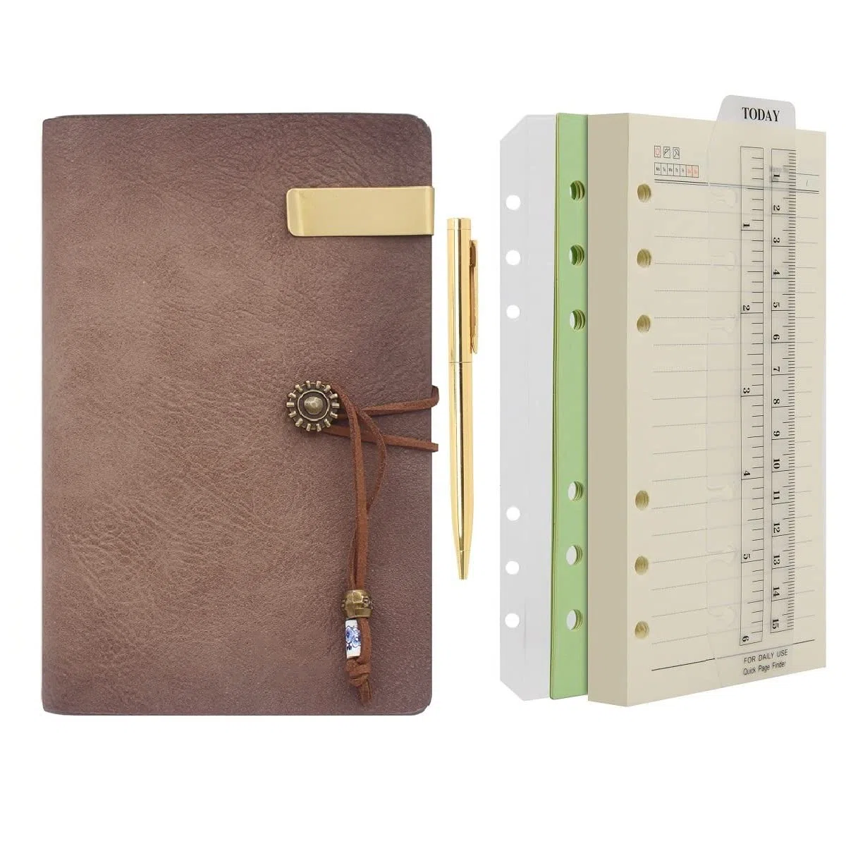 Wonderpool Carpeta de anillas de cuero para diario, cuaderno de papel recargable con forro de escritura, 6 anillos con blocs de notas para viajes de oficina y agenda de planes (a-Marrónrosa, A6)