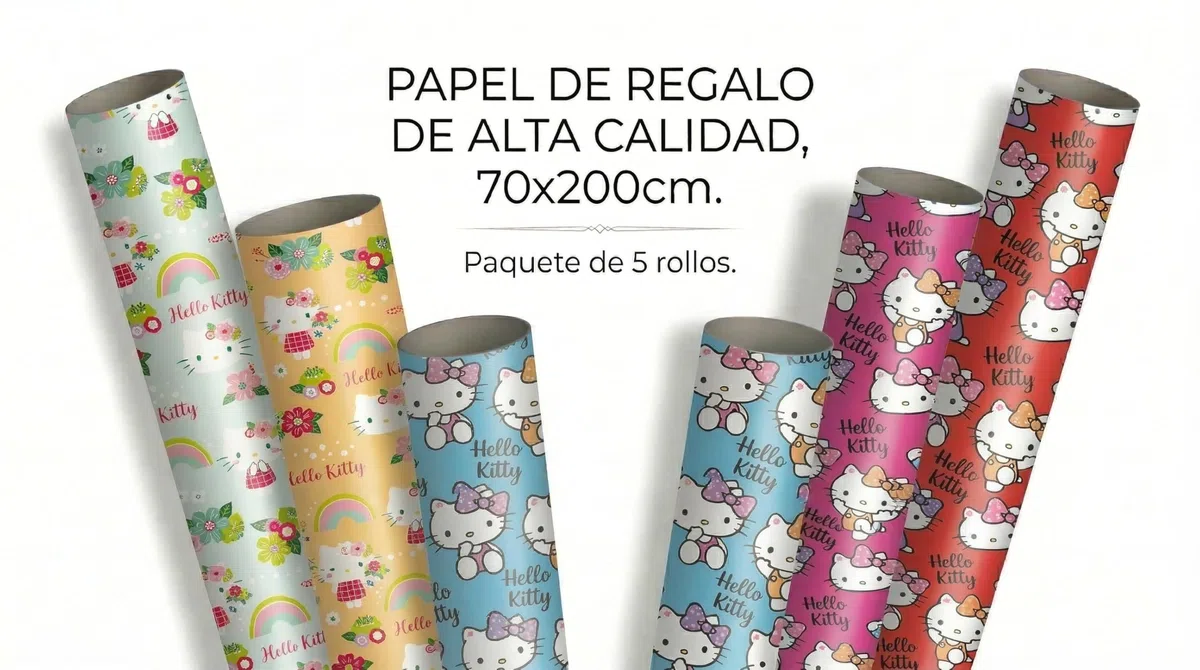 Pack de 5 Rollos de Papel de Regalo Ángel Europa, 70x200 cm, Diseños Surtidos, Envío en Caja de Cartón Protectora, (Hello Kitty)