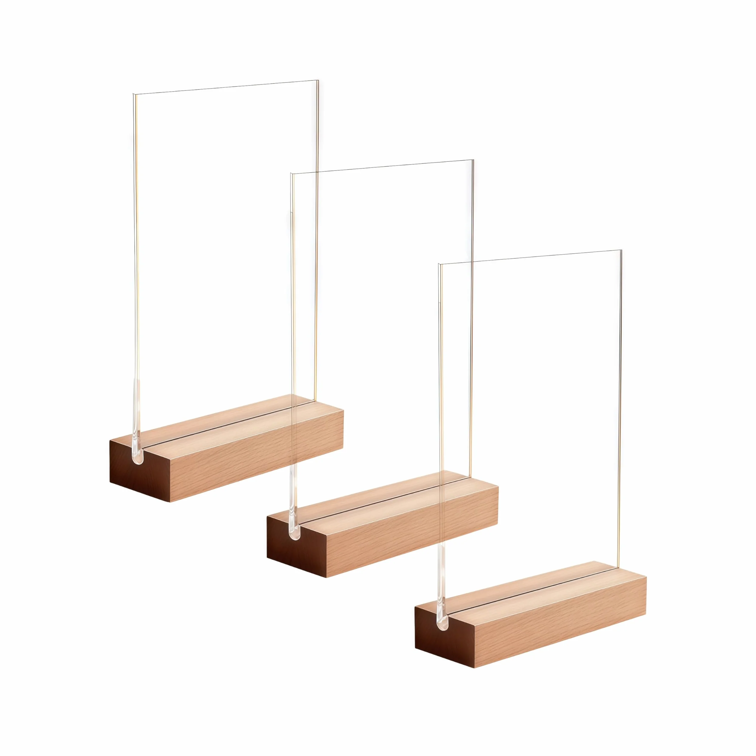 Expositores de mesa A6 transparentes acrílico con base de madera soporte vertical en L doble cara para tarjetas de menú