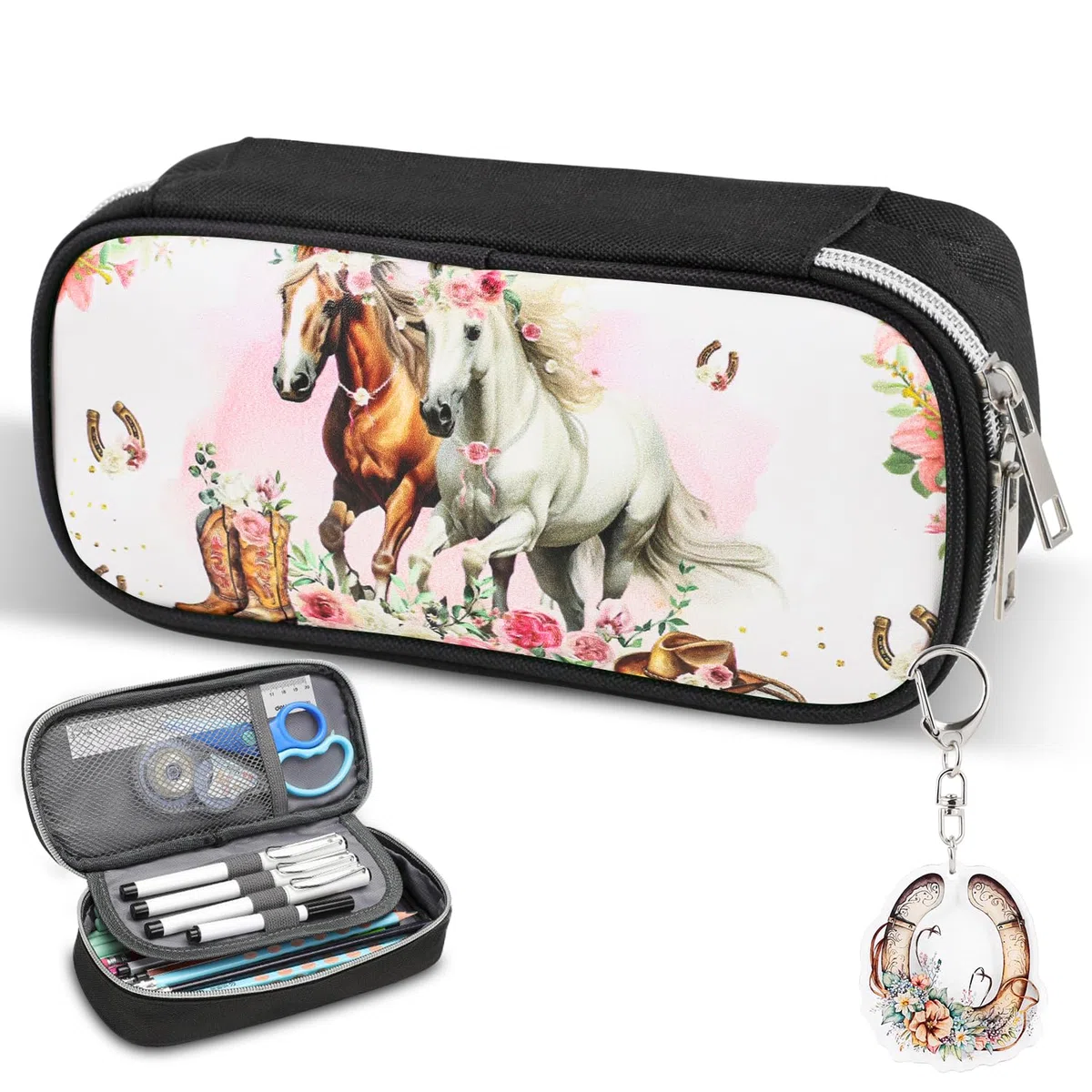 Estuche para lápices, estuche de gran capacidad, estuche para niños con llavero, estuche escolar para escuela, niños, niñas, carbón, Caballo