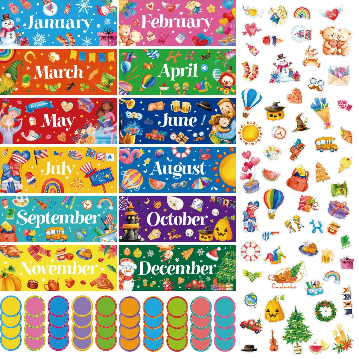 112 PCS Encabezados Mensuales de Vacaciones, Decoraciones de Cartel para los 12 Meses del Año en Diferentes Temas, 40 Tarjetas Redondas Escriturables y 60 Recortes Variados