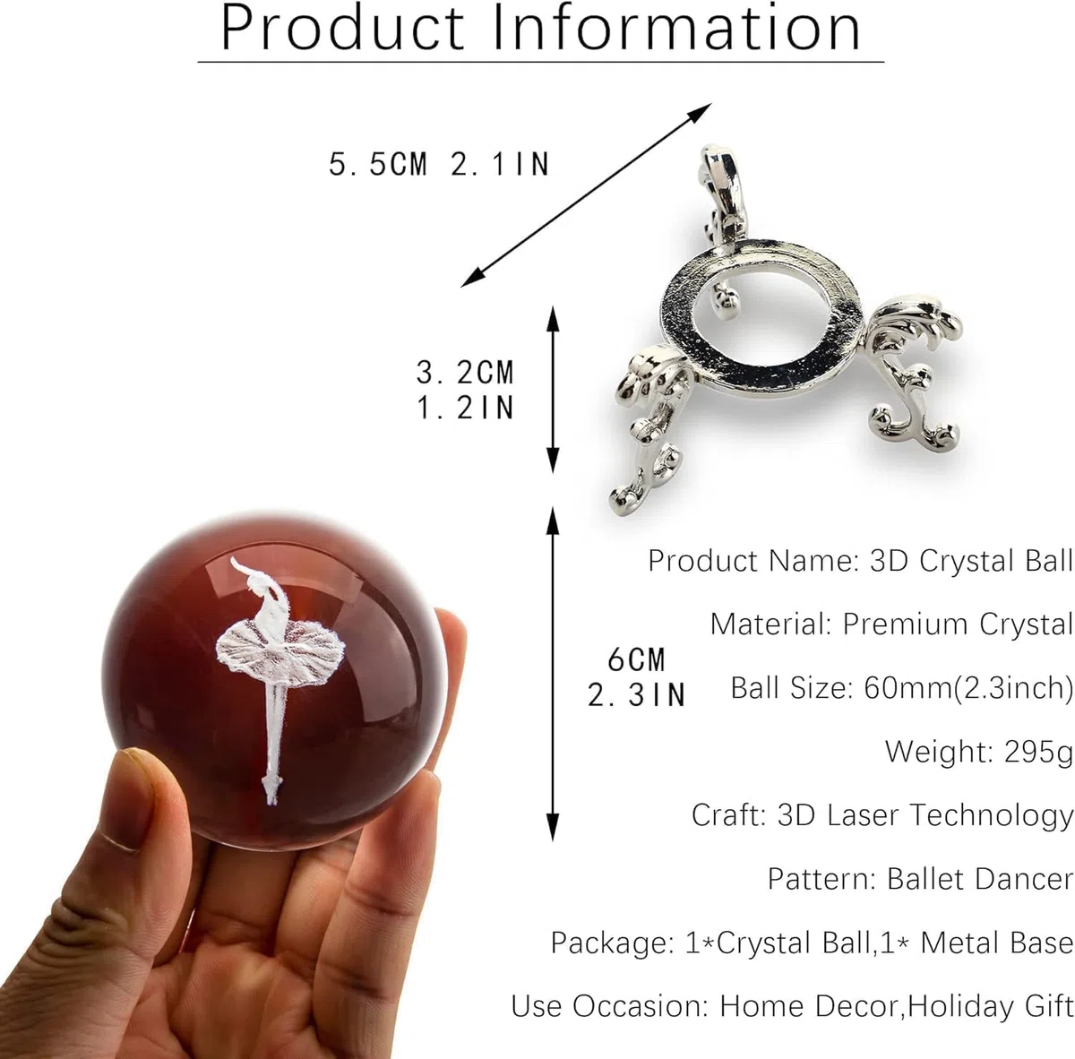 HDCRYSTALGIFTS Pisapapeles con bola de cristal grabada con láser en 3D, elegante bailarina de ballet, esfera de cristal, decoración para el hogar (60 mm, 2.4 pulgadas)