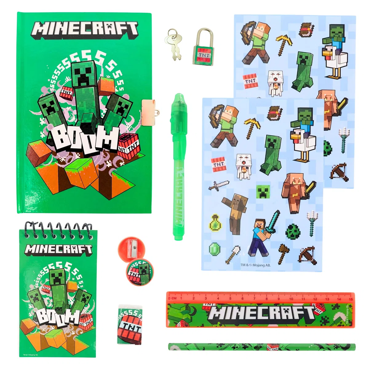 Minecraft Juego de Papelería, Incluye Regla Lapiz Boligrafo Pegatinas Goma de Borrar Sacapuntas Cuaderno y Candado con Llaves, Regalo Set de Papeleria para Niños