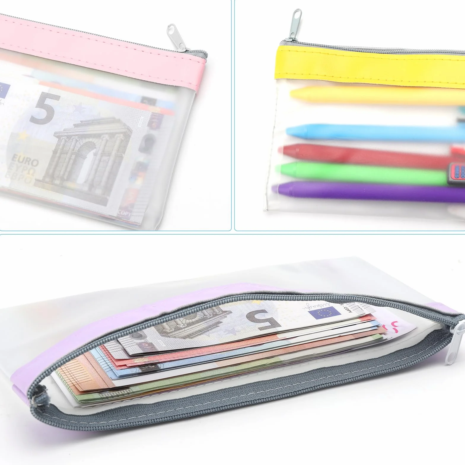 6 Piezas Bolsas de Dinero con Cremallera Bolsa de Dinero Sobres de Efectivo Bolsa de Banco Organizador de Dinero Transparente Organizador de Efectivo Multiusos para Cheques Recibos 19,3 x9,4 cm