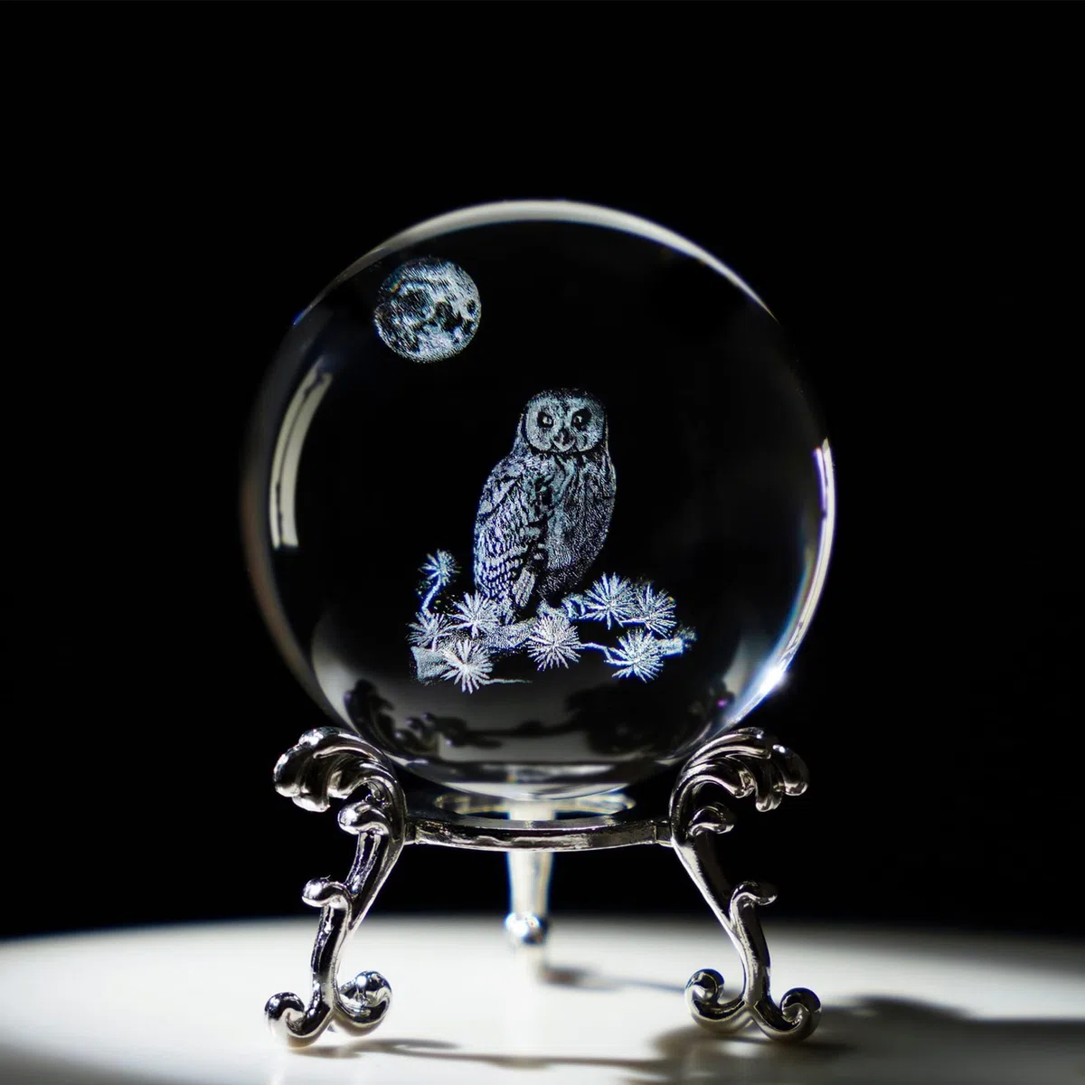 HDCRYSTALGIFTS Pelota de cristal láser 3D de 60 mm, figura de búho, esfera de cristal, bolas decorativas con soporte, regalo