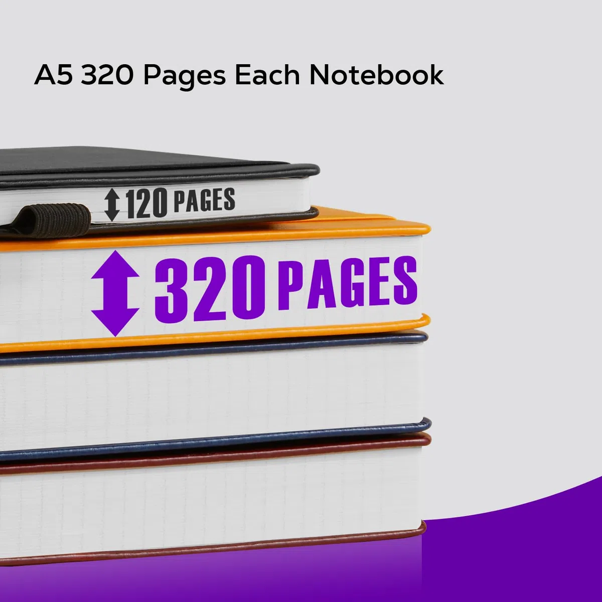 FOCUS DAY Cuaderno A5 rayado, diario de cuero, tapa dura, 320 páginas, grueso bloc de notas para adultos, trabajo, escritura, notas, aprendizaje, viajes, 14 x 21 cm, lila.