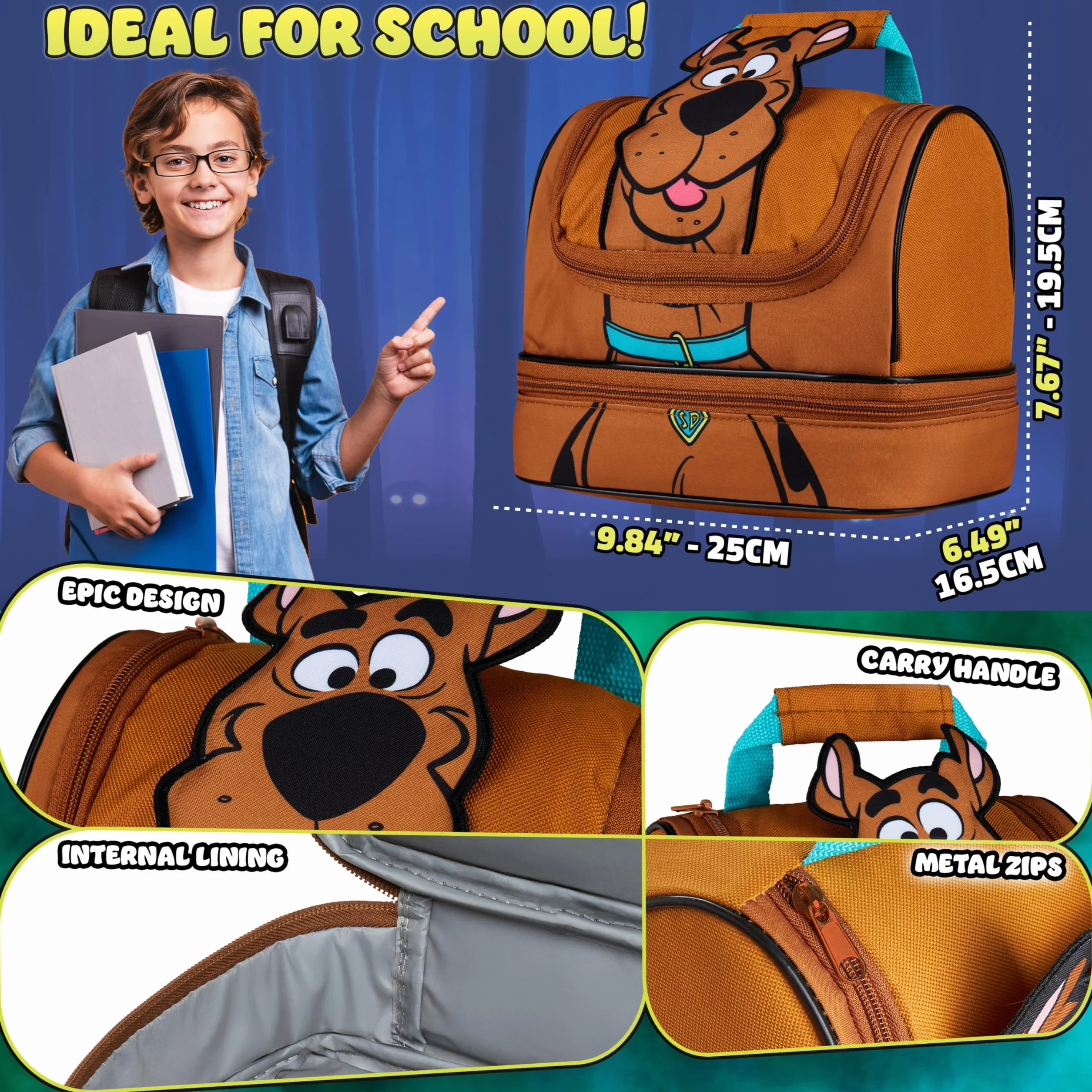 Get Trend Scooby Doo Bolsa Termica Porta Alimentos Infantil Bolsa Almuerzo con Compartimentos Nevera Bolso para Escuela Picnic Viajar (Marrón Scooby Doo)