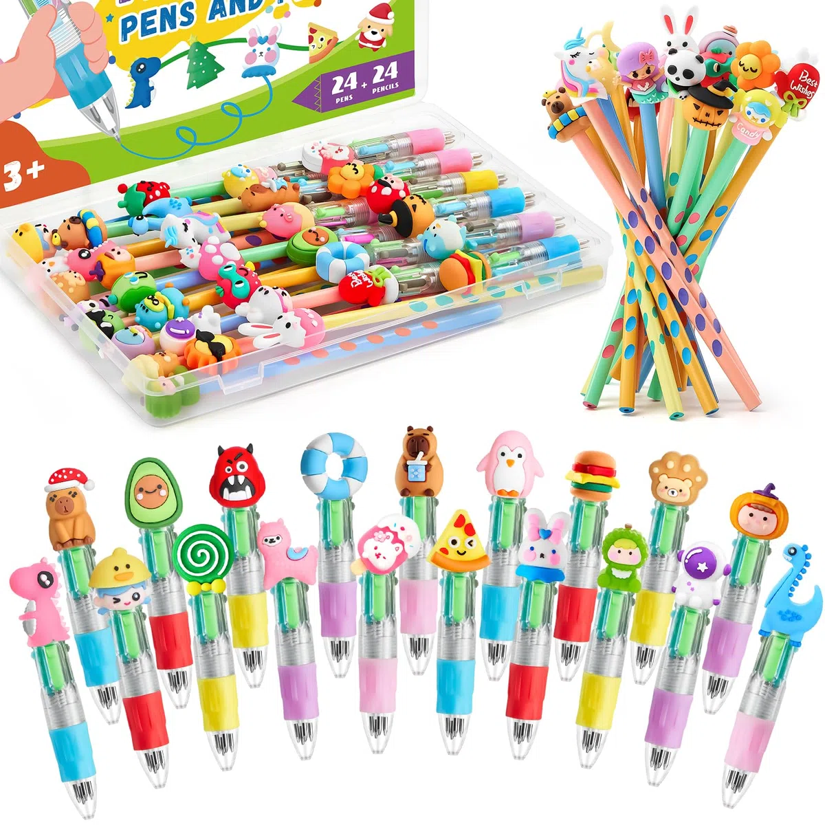 48 Boligrafo Multicolor 4 en 1: 24 Boligrafo Multicolor+24 Lápices, Regalos Cumpleaños Niños Colegio, Detalles Cumpleaños Niños, Bolígrafos Divertidos para Fiestas Infantiles