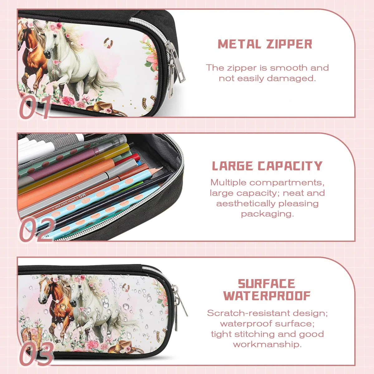 Estuche para lápices, estuche de gran capacidad, estuche para niños con llavero, estuche escolar para escuela, niños, niñas, carbón, Caballo