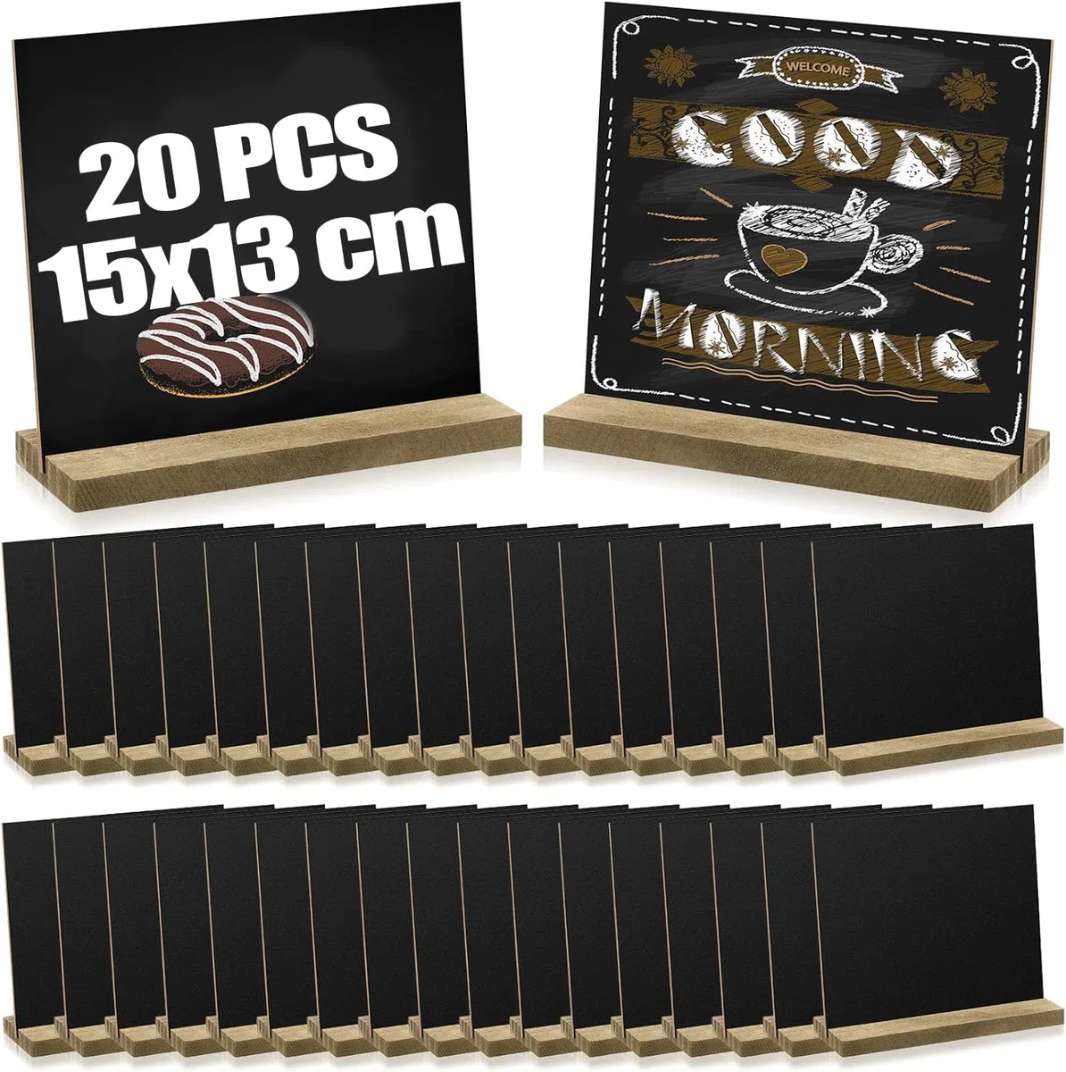 20 pizarras de pizarra para escribir, 15 x 13 cm, minipizarras para escribir con soportes de madera, pequeñas para bar, cafetería, restaurante, comida