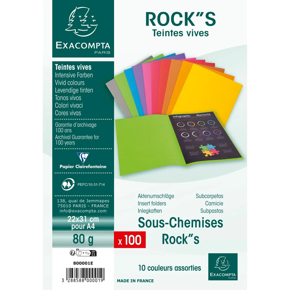 Exacompta 800001E - Lote de 100 Subcarpetas Rock"S 80, Multicolor, 22 x 31 cm