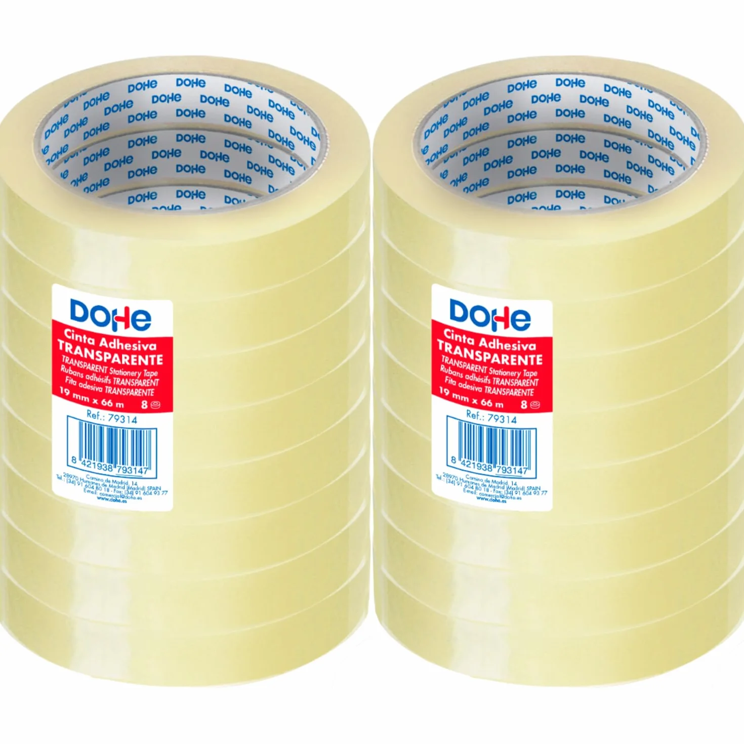 Dohe - Cinta Adhesiva Transparente (16 uds.) - 1,9 cm x 66 m, Precinto para Embalar Cajas, Envíos o Mudanzas, Potente Adhesivo de 45 micras - Material de oficina