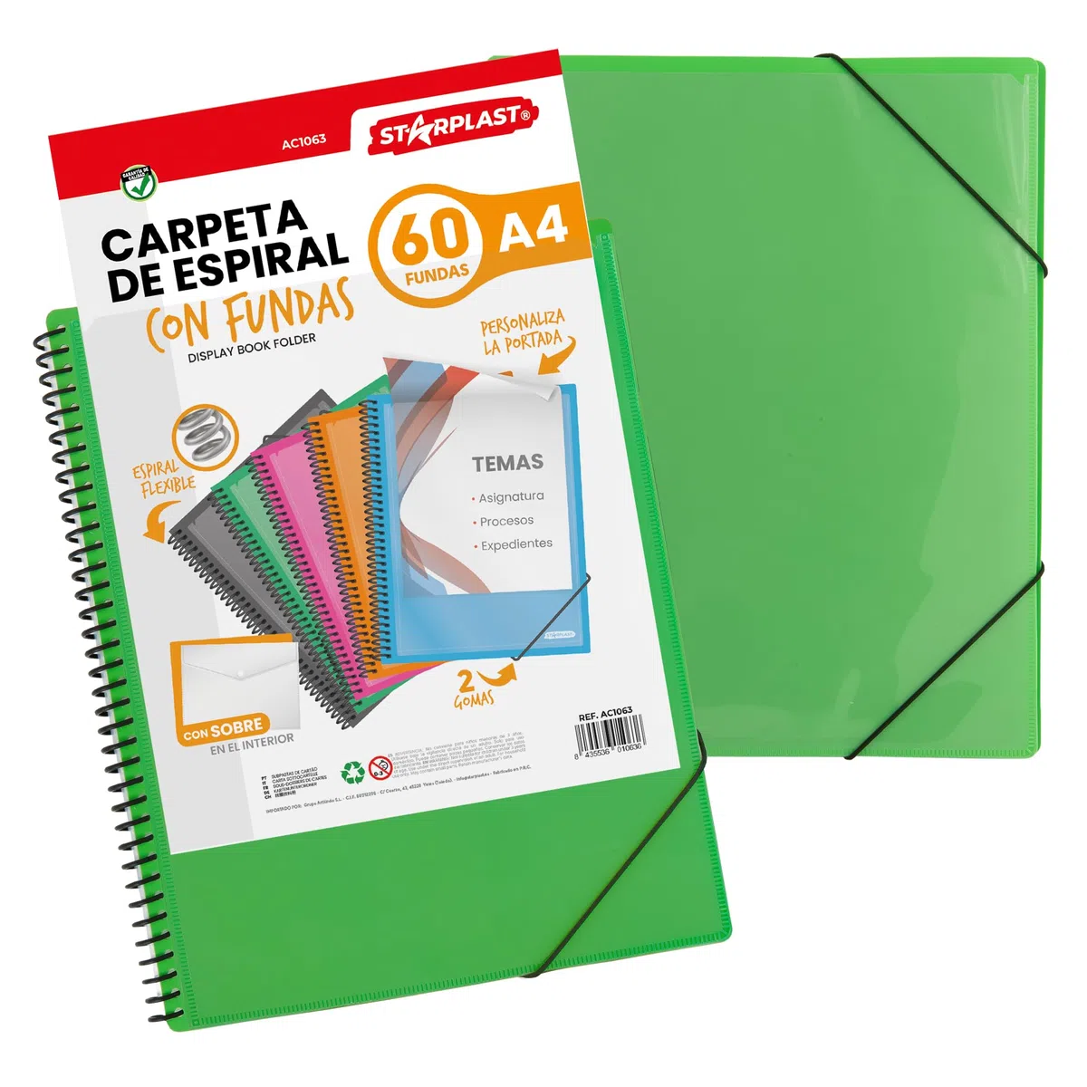 Starplast Carpeta Con Fundas Espiral Flexible - 60 fundas transparentes, A4, cierre elástico, tapa polipropileno, portada personalizable, para uso Escolar y Oficina - color Verde