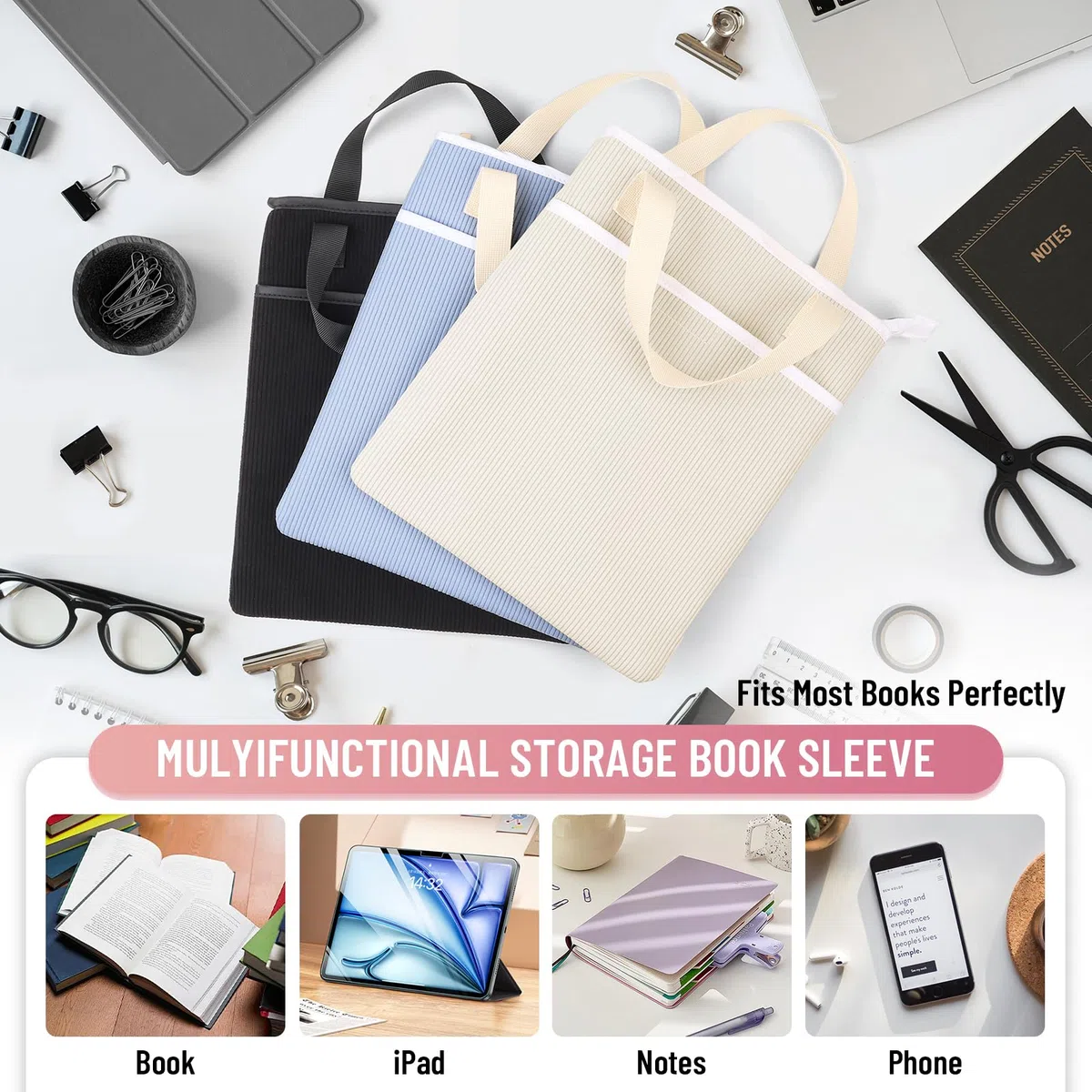 31 x 26 cm Bolsa Funda para Libro Lectura Organizador de Tejido de Pana Bolsillo Protector para Protección Libros Adaptable a Cualquier Grosor Y Bolsillo Adicional Regalo Cumpleaño Amiga Niñas(Beige)