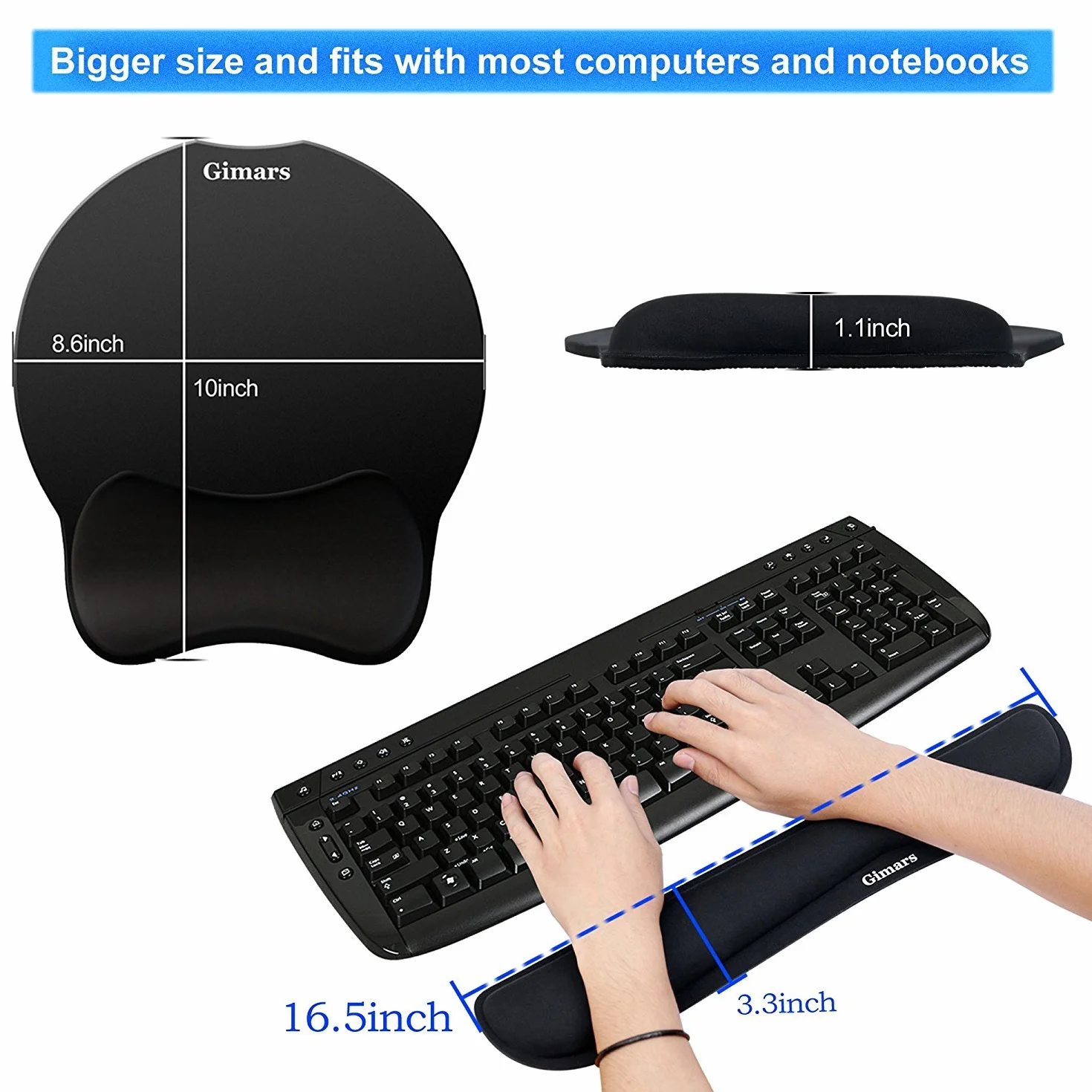 Gimars Alfombrilla Ratón y Reposamuñeca Almohadilla Teclado con Reposamuñecas Ratón con Base de Goma Antideslizante Reposamuñeca Teclado Ergonómica para Ordenador en Oficina Casa Escuela Juego,Negro