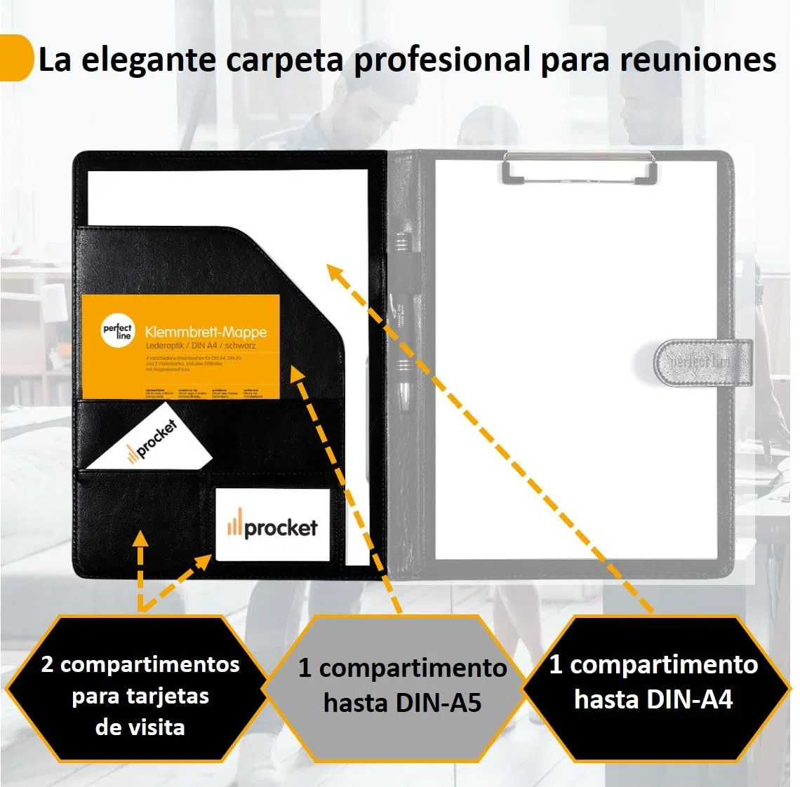 perfect line - Funda con soporte para bloque A4 de piel sintética, bolsa de documentos negra, conferenciante con cierre magnético, conferenciante con 4 compartimentos y abrazadera, ideal como agenda