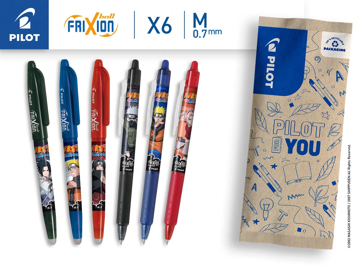 PILOT x NARUTO - Caja de 3 uds FriXion Ball + 3 uds FriXion Ball Clicker - Bolígrafo borrable - Naruto Shipudden Edición Limitada - Bolígrafos roller recargables - Negro, Azul, Rojo - Punta media