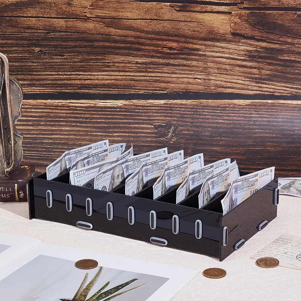 UNICRAFTALE Organizador de billetes con 8 compartimentos para dinero en efectivo, acceso rápido, caja de dinero, caja de dinero de plástico negro, organizador de billetes modular para el hogar, la