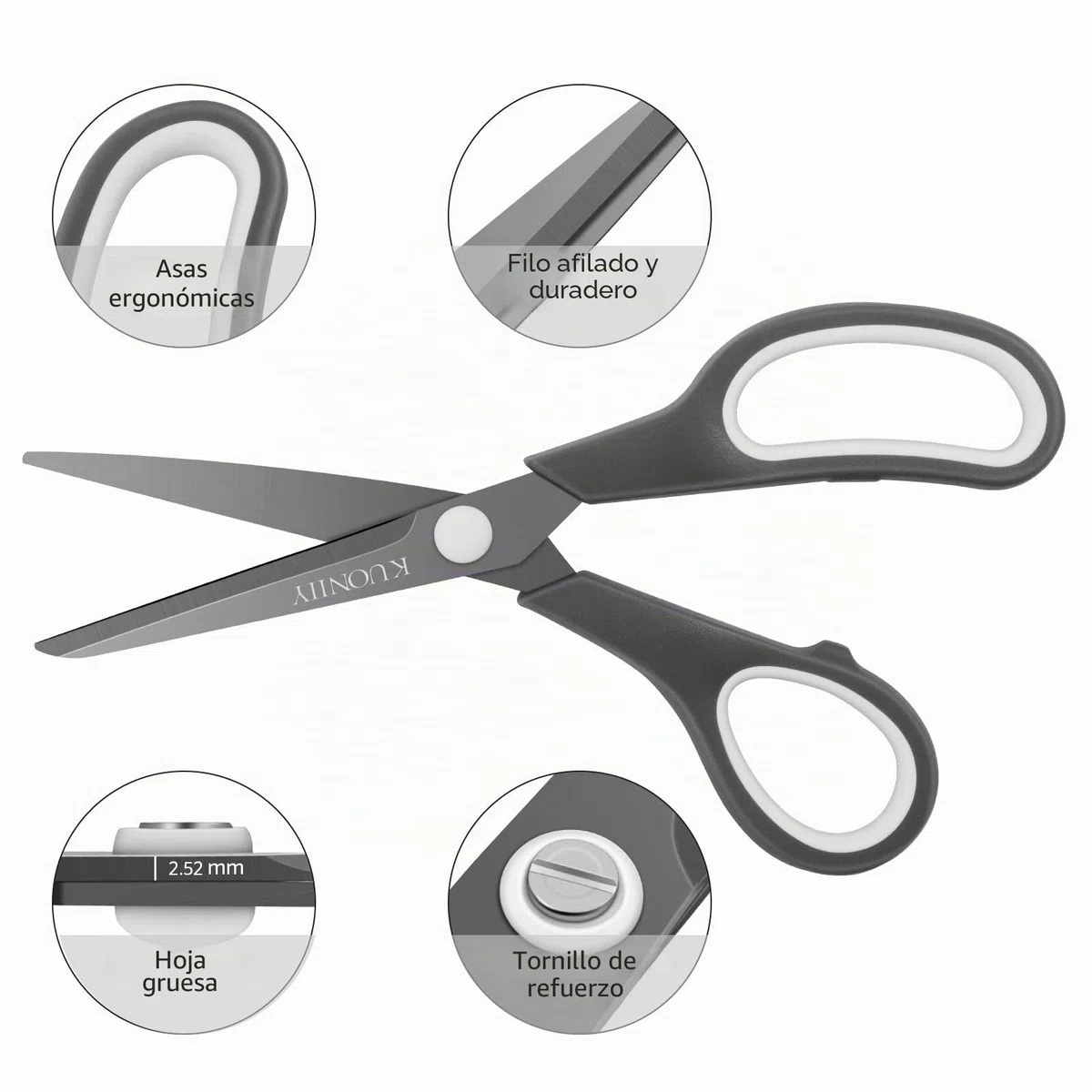 KUONIIY Tijeras, Hoja Recubierta de Titanio Súper Afilada, Conjunto de 5 Tijeras Multiusos con Mango Suave y Cómodo, Negro