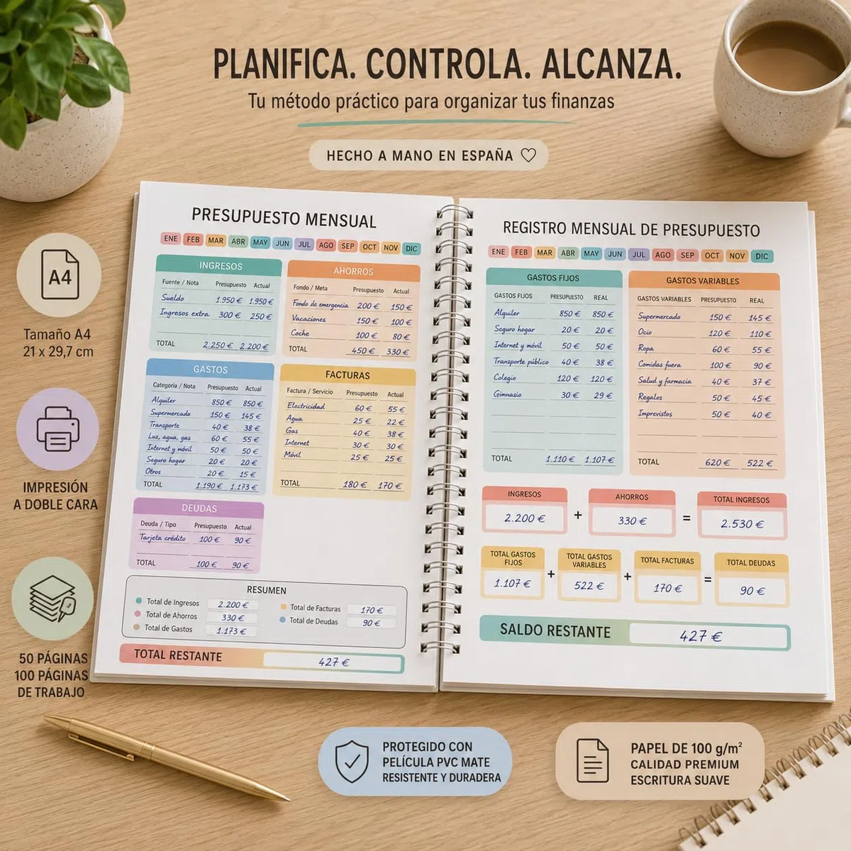 Planificador de Presupuesto Mensual A4 con Espiral, Cuaderno de Finanzas Personales, 50 Páginas a Doble Cara para Control de Gastos, Ingresos y Ahorros