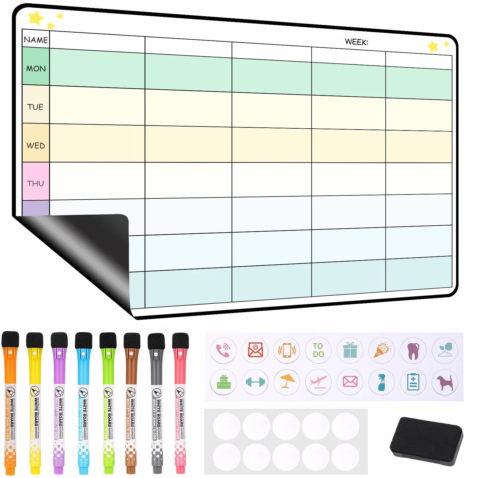 JIANTA Pizarra Magnética Nevera, 42cm x 28cm Planificador Semanal Magnético, 8 Rotuladores y Esponja, Niño Pizarra Blanca Planificador Familiar para To-Do, Hogar, Rutina, Notas, Menús, Planificar