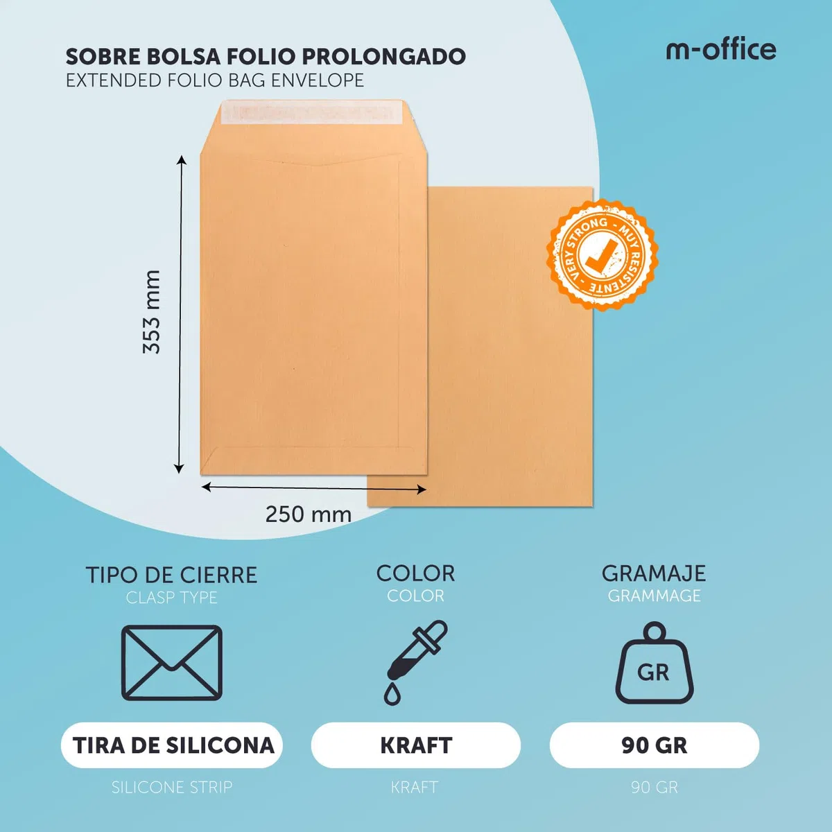 Sobres de Papel, Sobre Papel Kraft, Tamaño Folio Prolongado 250 x 353 mm, Sobre de Papel con Cierre Tira de Silicona para Invitaciones, Envíos o Almacenaje · m-office (50 uds, 250x353mm)