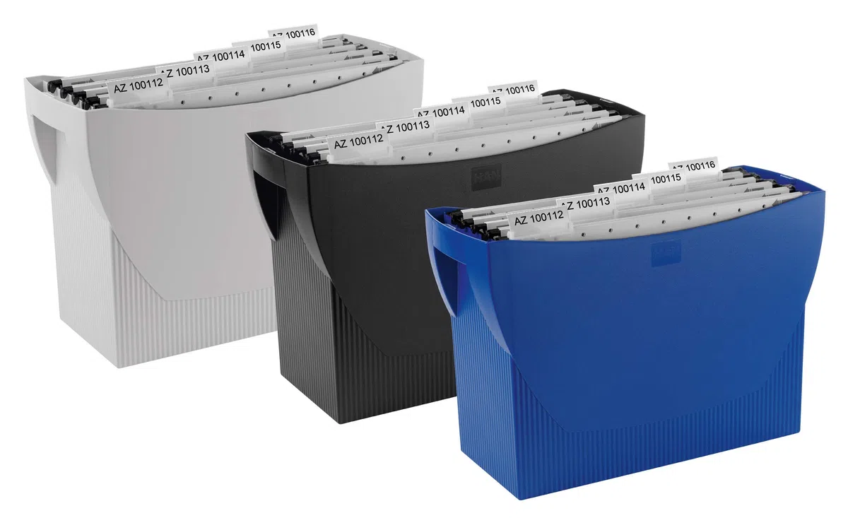 Han Swing - Caja archivadora de carpetas colgantes (390 x 260 x 150mm, con bolsillos para bolígrafos, sin tapa), color negro