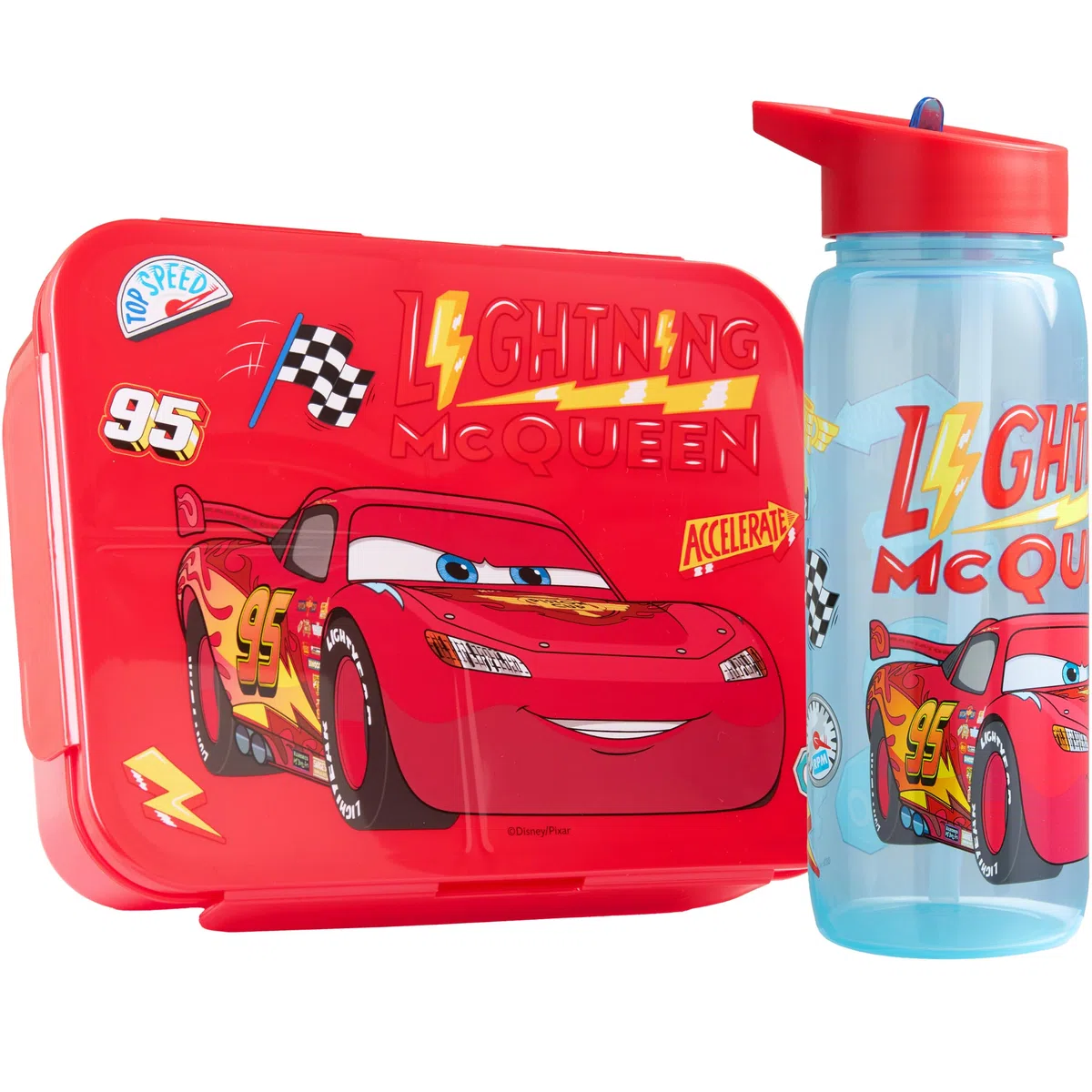 Get Trend Disney Cars Fiambrera Niños y Botella 640 ml Set, Bento Box 1,75 L con Compartimentos, Apta Lavavajillas y Microondas, Sin BPA, Lunch Box Escolar Colegio y Ocio (Multi Lightning McQueen)