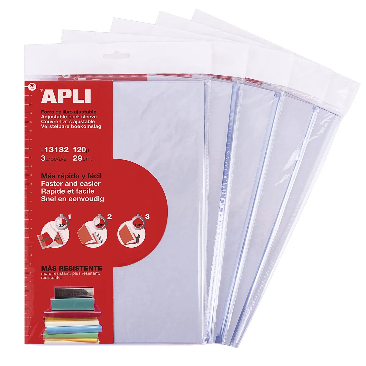 APLI 19012 - Forros de libros ajustables de PVC grueso ultraresistente | Tamaño 290 x 530 mm | 120 µ | Solapa autoadhesiva sin necesidad de tijeras ni cinta | Pack escolar de 15 unidades reutilizables
