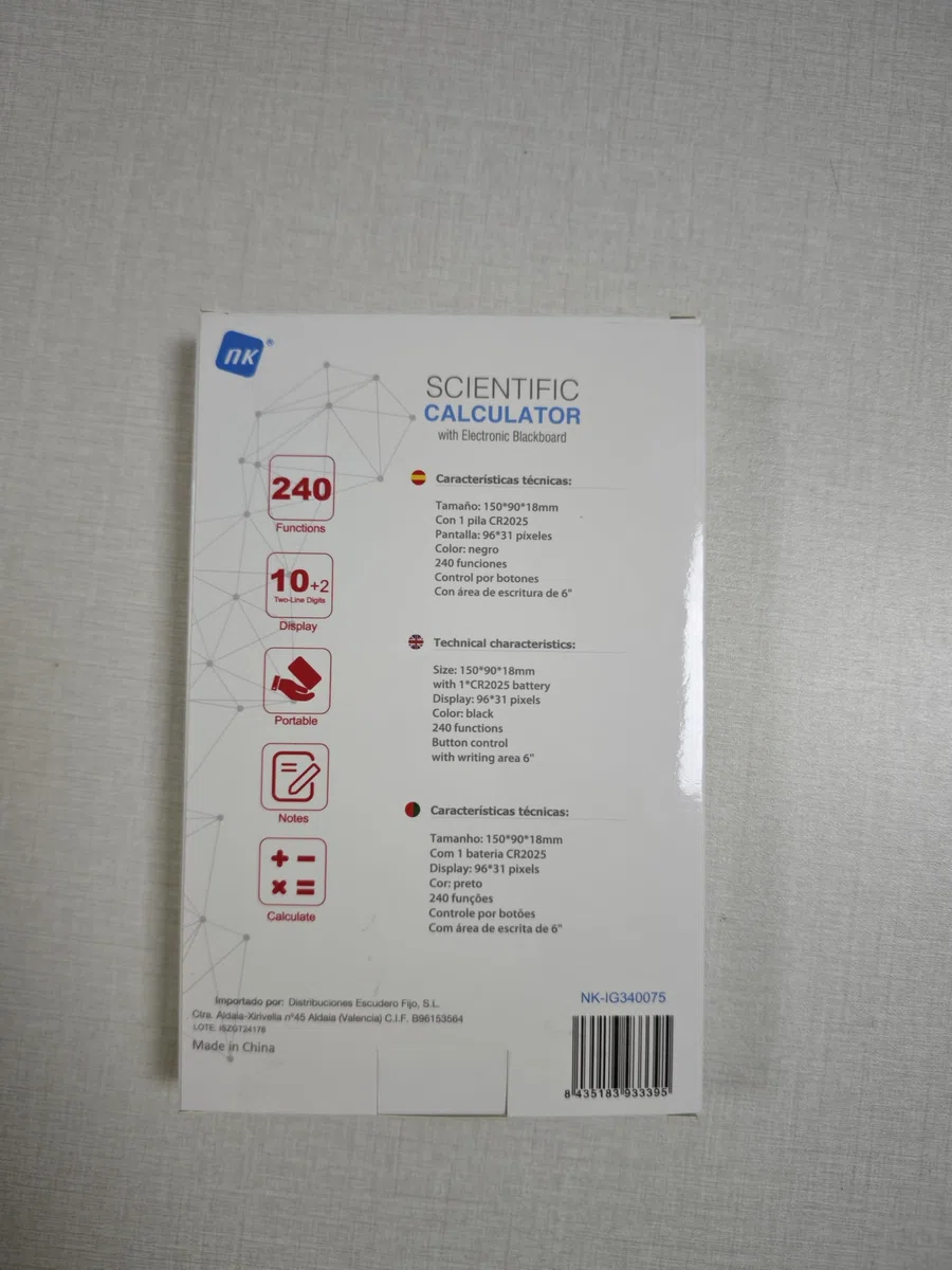Calculadora Científica de 240 Funciones, Pizarra en Tabla de Escritura de 6'', Lápiz electrónico Incluido, Tapa Protectora, Botón de Control, Batería 1 x CR2025, Color Negro