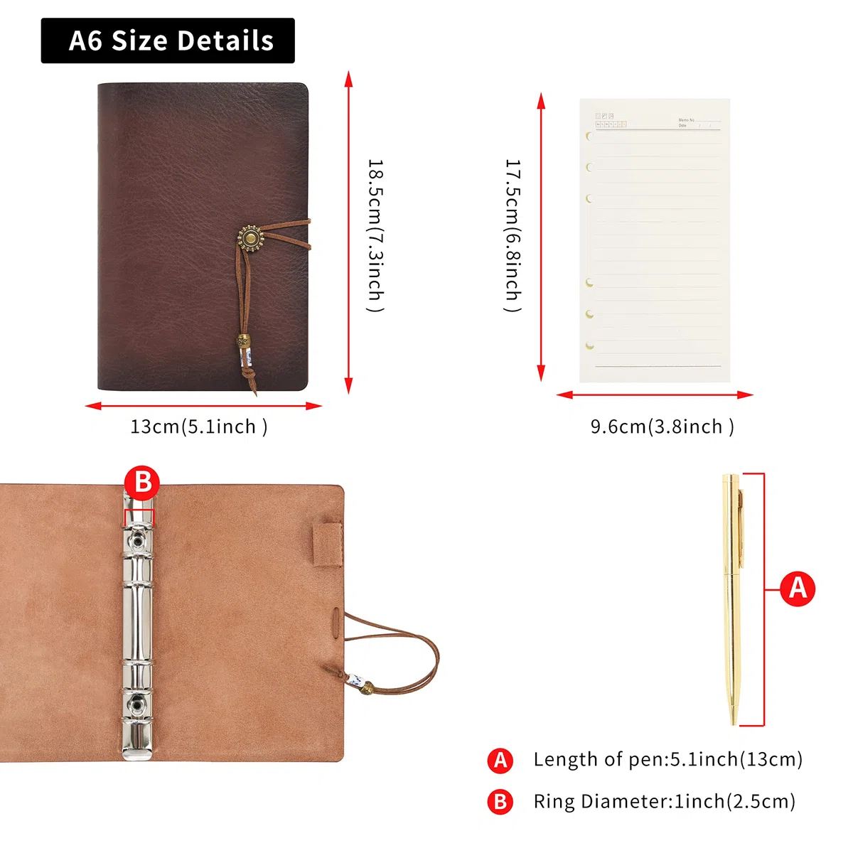 Wonderpool Carpeta de anillas de cuero para diario, cuaderno de papel recargable con forro de escritura, 6 anillos con blocs de notas para viajes de oficina y agenda de planes (a-Marrónrosa, A6)