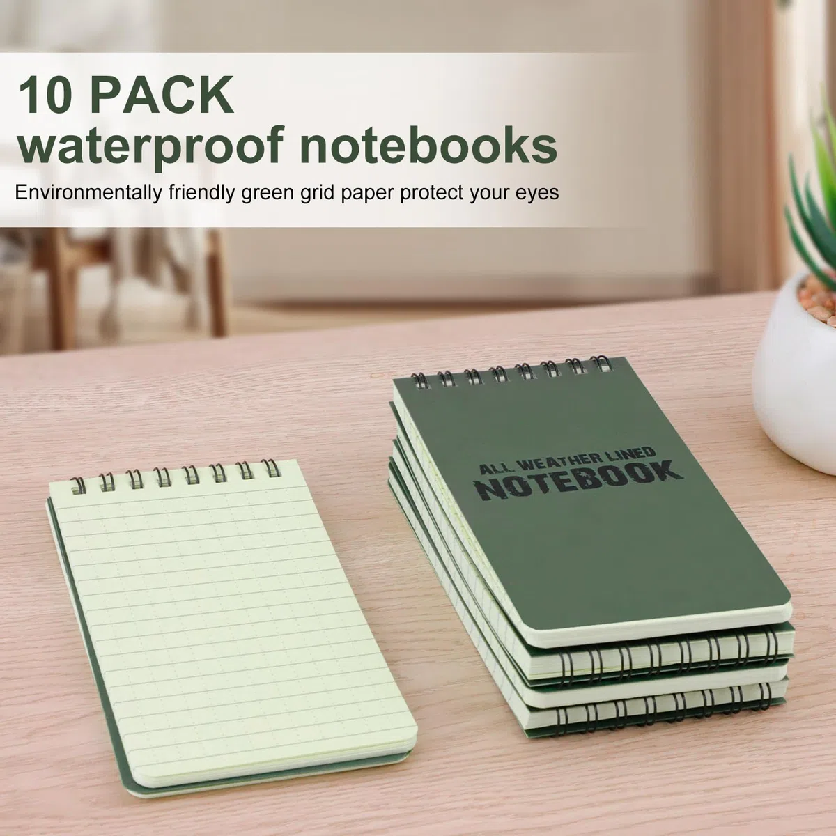 RETON 10 Piezas Cuadernos Impermeables, 3 x 5 pulgadas Bloc de Notas para Todo Tipo de Clima con Almohadillas de Steno Tácticas con Rejilla para Grabación de Actividades al Aire Libre (Verde Militar)