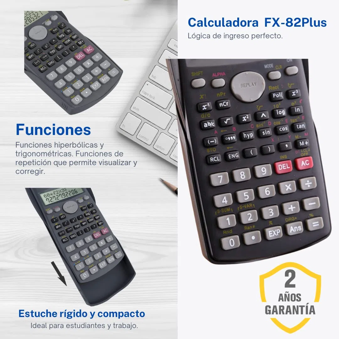 Plus Office Calculadora Científica para Ingeniería, Escuela y Universidad, Pantalla 2 líneas (10+2 dígitos). Funciones Hiperbólicas y Trigonométricas, 2 Años de Garantía, FX-82 Plus Color Negro