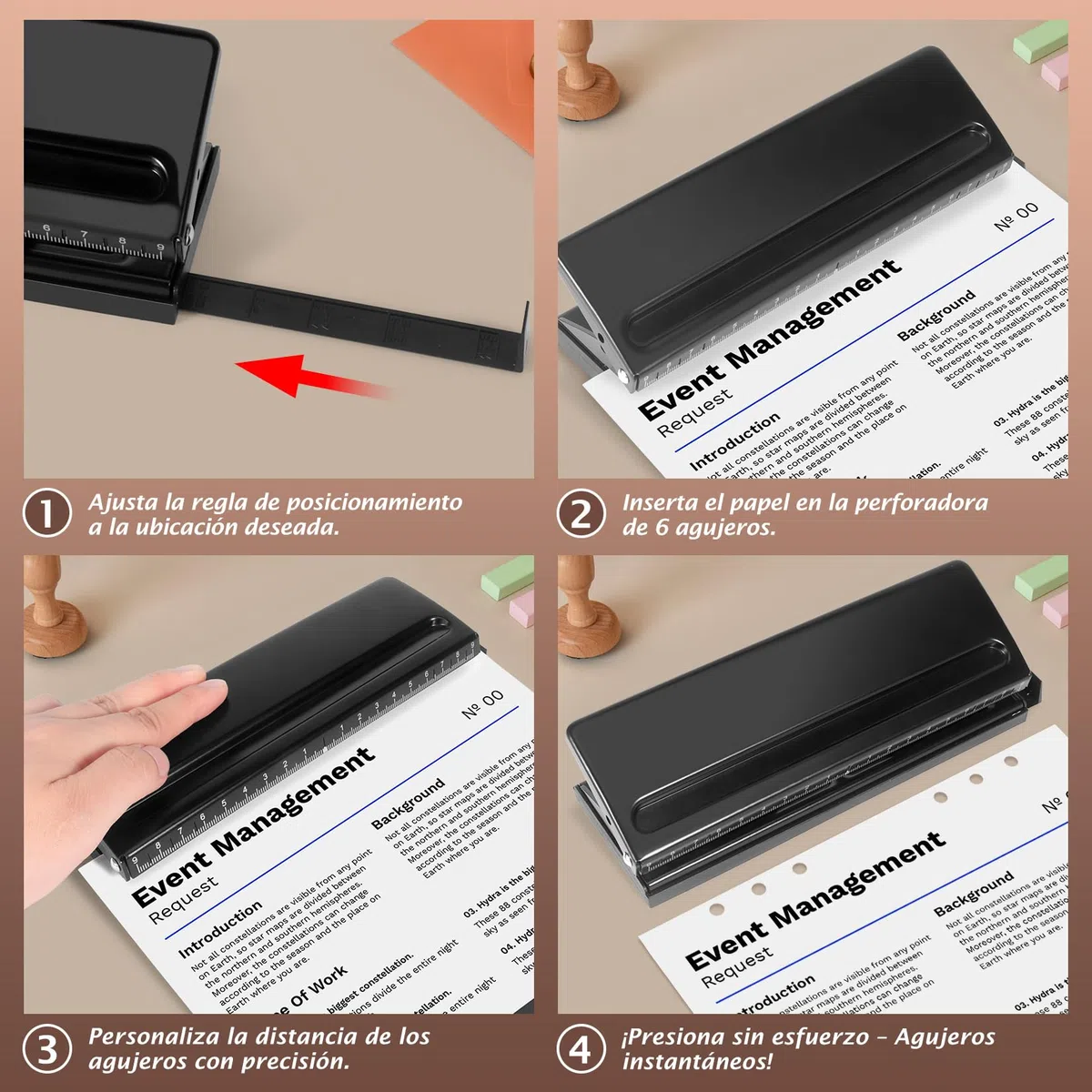 Perforadora de 6 Agujeros de Metal Ajustable, A5, A6, A7, 6 Agujeros, con Marcador de Posicionamiento, 6 Hojas de Capacidad, Para Planificador, Personal, Agenda (Negro)