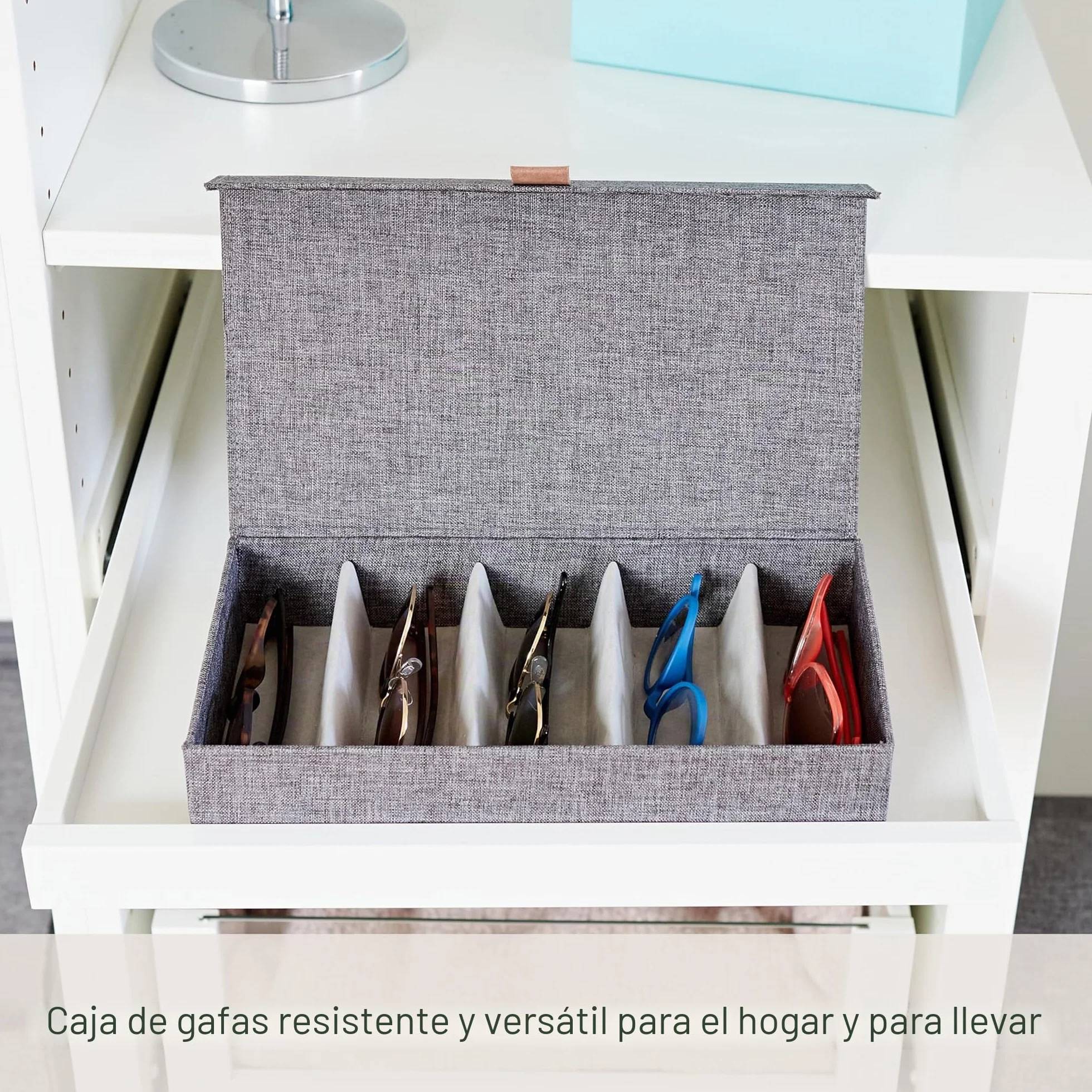 Love IT Store IT Premium Caja de Almacenamiento para Gafas – Caja de Gafas de Lino, Interior de Terciopelo – Reforzada con Madera – con 5 Compartimentos – Gris – 30 x 17 x 6 cm