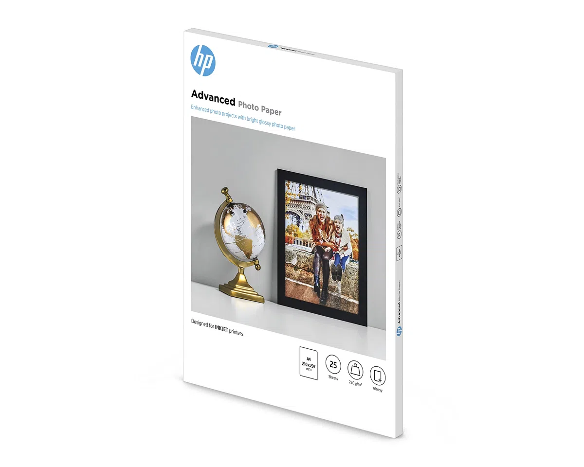 HP Advanced Glossy Photo Paper, Q5456A, 25 Hojas de Papel fotográfico Satinado avanzado, Compatible con impresoras de inyección de Tinta, A4, Peso del Material de impresión 250 g/m²