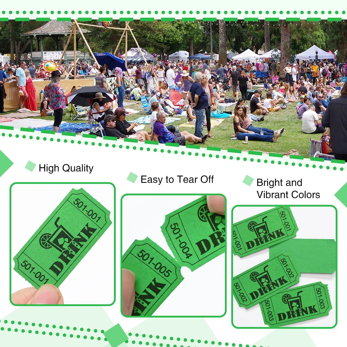 Moguri 1000 Lose-Los-Rollen, Marcas de Bebidas en Rollo para Eventos, Ocio, visitas al Cine, Entretenimiento, recompensas educativas y premios (Verde)
