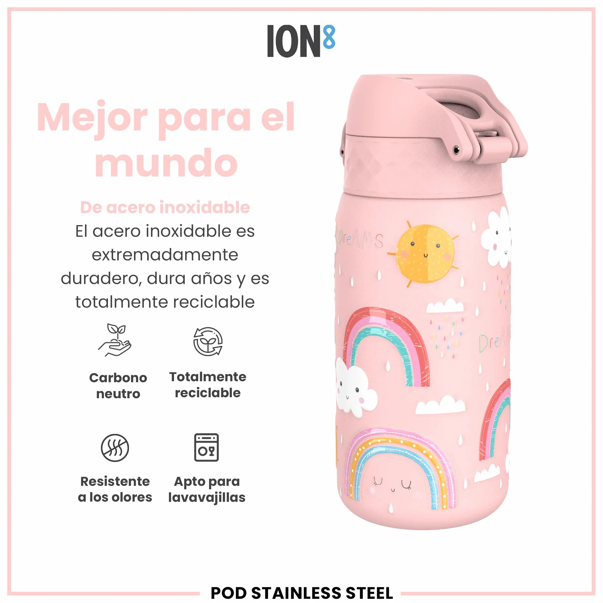 ion8 Botella Agua Inox Niños 400ml Sin Aislamiento Prueba Fugas Fácil Abrir Cerradura Segura Apta Lavavajillas Tapa Abatible Arcoíris
