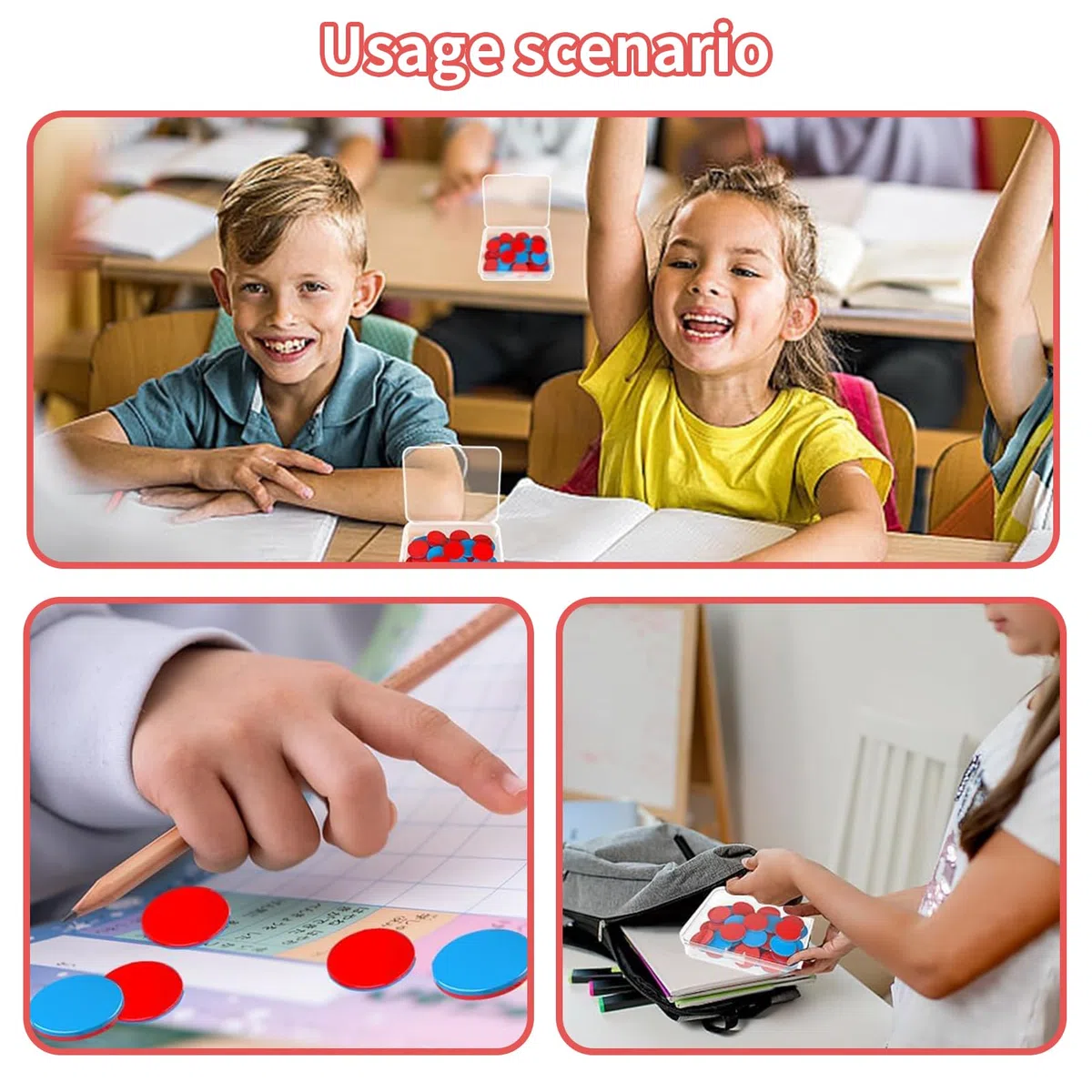 100 placas reversibles de color rojo y azul, con cajas de plástico, ayuda de cálculo de 1 clase, ayuda para matemáticas, fichas reversibles para manos de niños, escuela primaria, tareas de cálculo