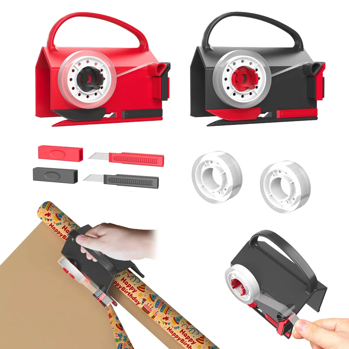 Cortador de Papel de Regalo, Cortador Papel Regalo con Asa, con 2 Cuchillas Intercambiables 4 Piezas De Cinta Adhesiva, para Navidad, Cumpleaños, Envoltura de Regalo, negro